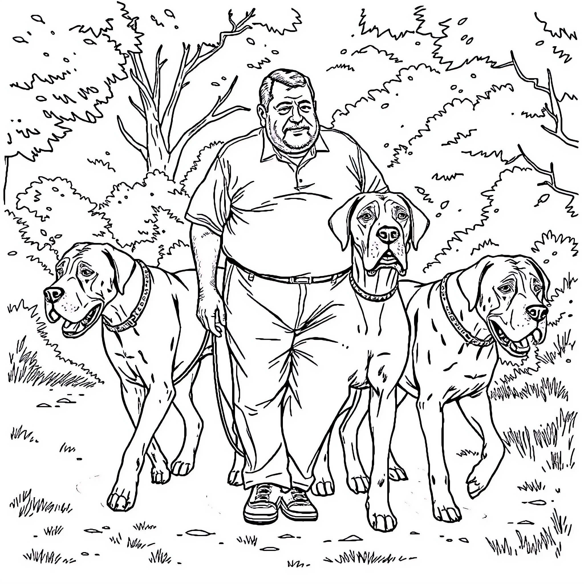 Old Man Walking with Loyal Dogs in the Outdoors Coloring Page (free black-and-white line drawing printable PDF for all, from beginners to advanced learners, including children, teens, adults, and seniors)