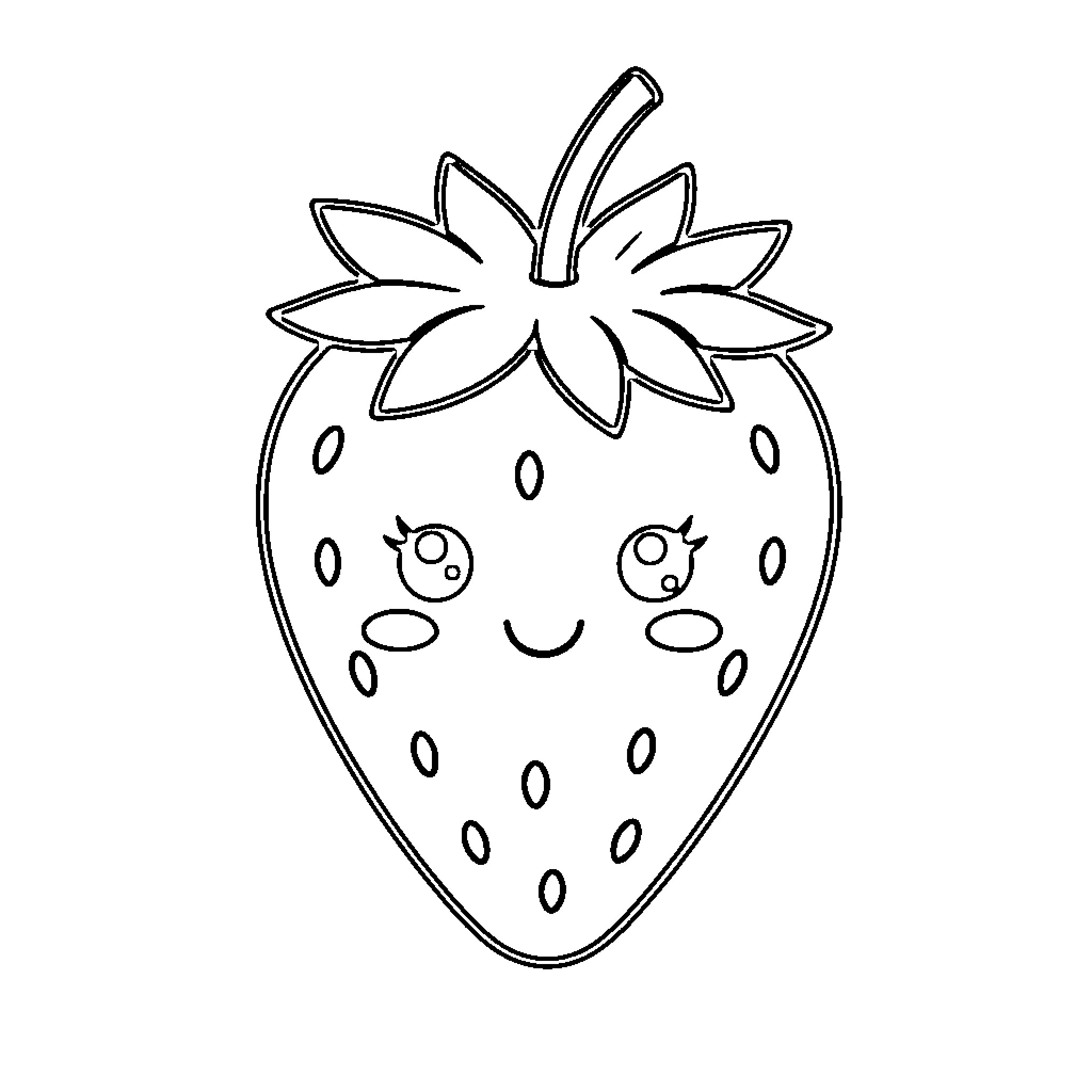 Strawberry character smiling with a cute expression Coloring Page (free black-and-white line drawing printable PDF for all, from beginners to advanced learners, including children, teens, adults, and seniors)