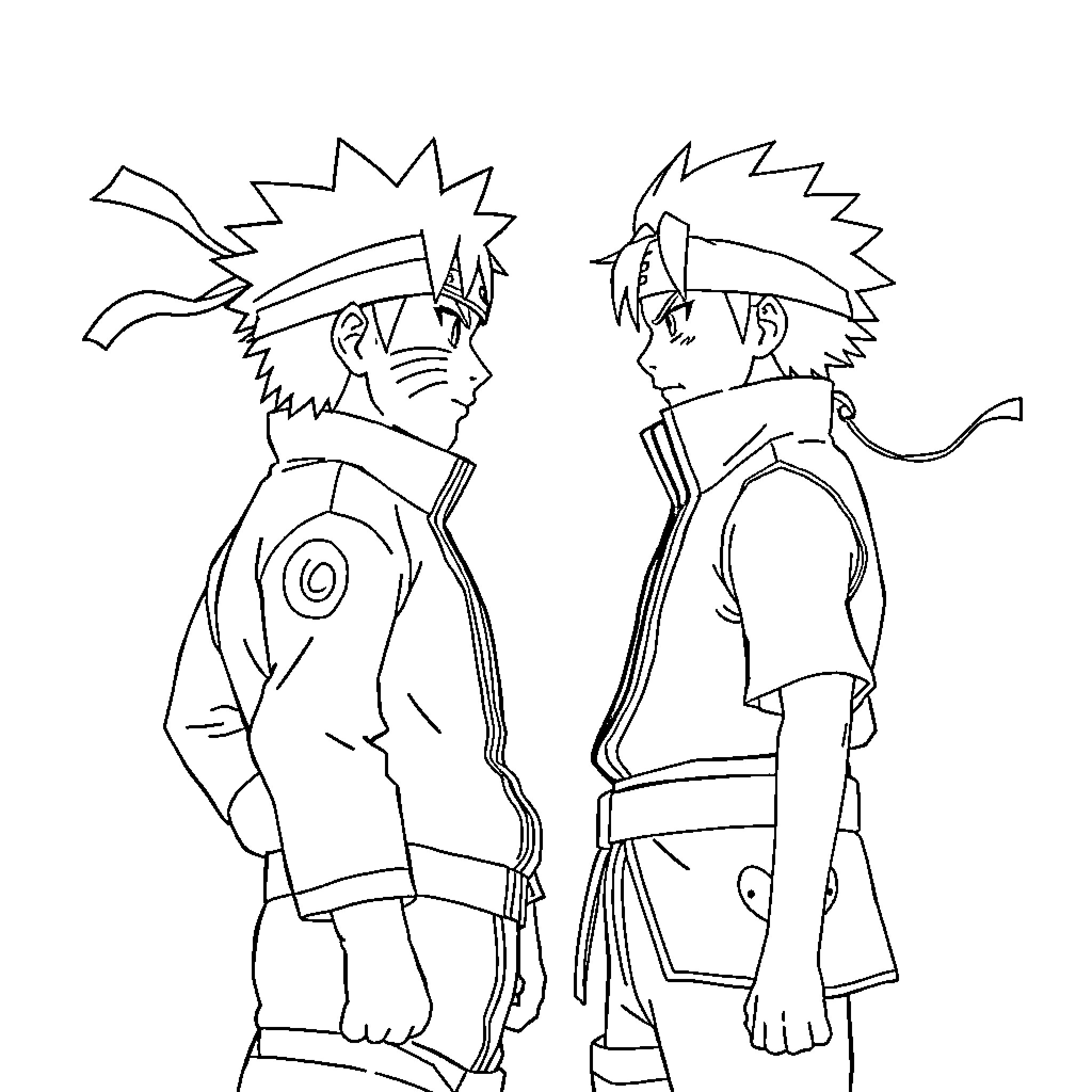 Naruto characters in combat poses Coloring Page (free black-and-white line drawing printable PDF for all, from beginners to advanced learners, including children, teens, adults, and seniors)