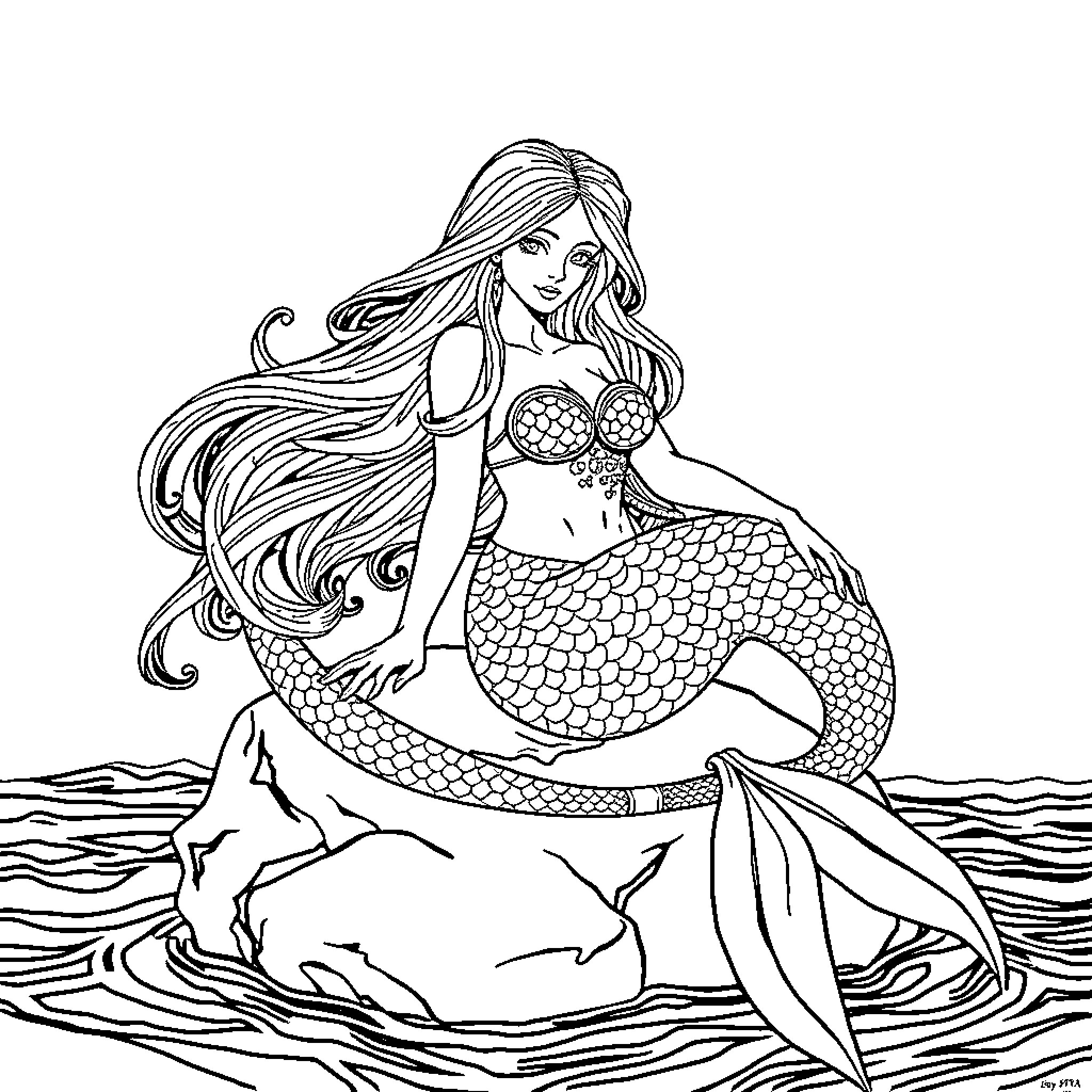 Mermaid maiden swimming gracefully in the ocean Coloring Page (free black-and-white line drawing printable PDF for all, from beginners to advanced learners, including children, teens, adults, and seniors)
