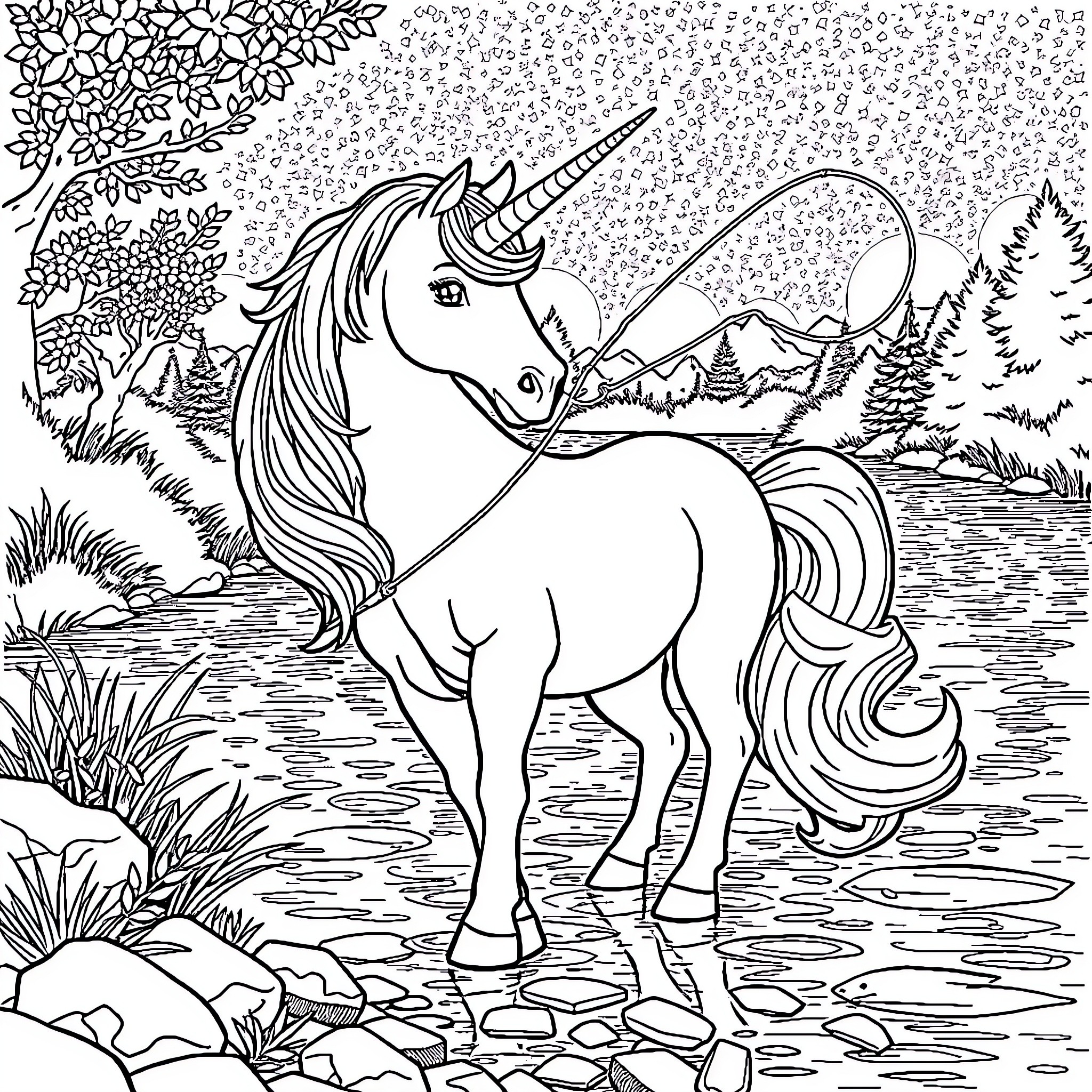 Unicorn wandering through a magical forest Coloring Page (free black-and-white line drawing printable PDF for all, from beginners to advanced learners, including children, teens, adults, and seniors)