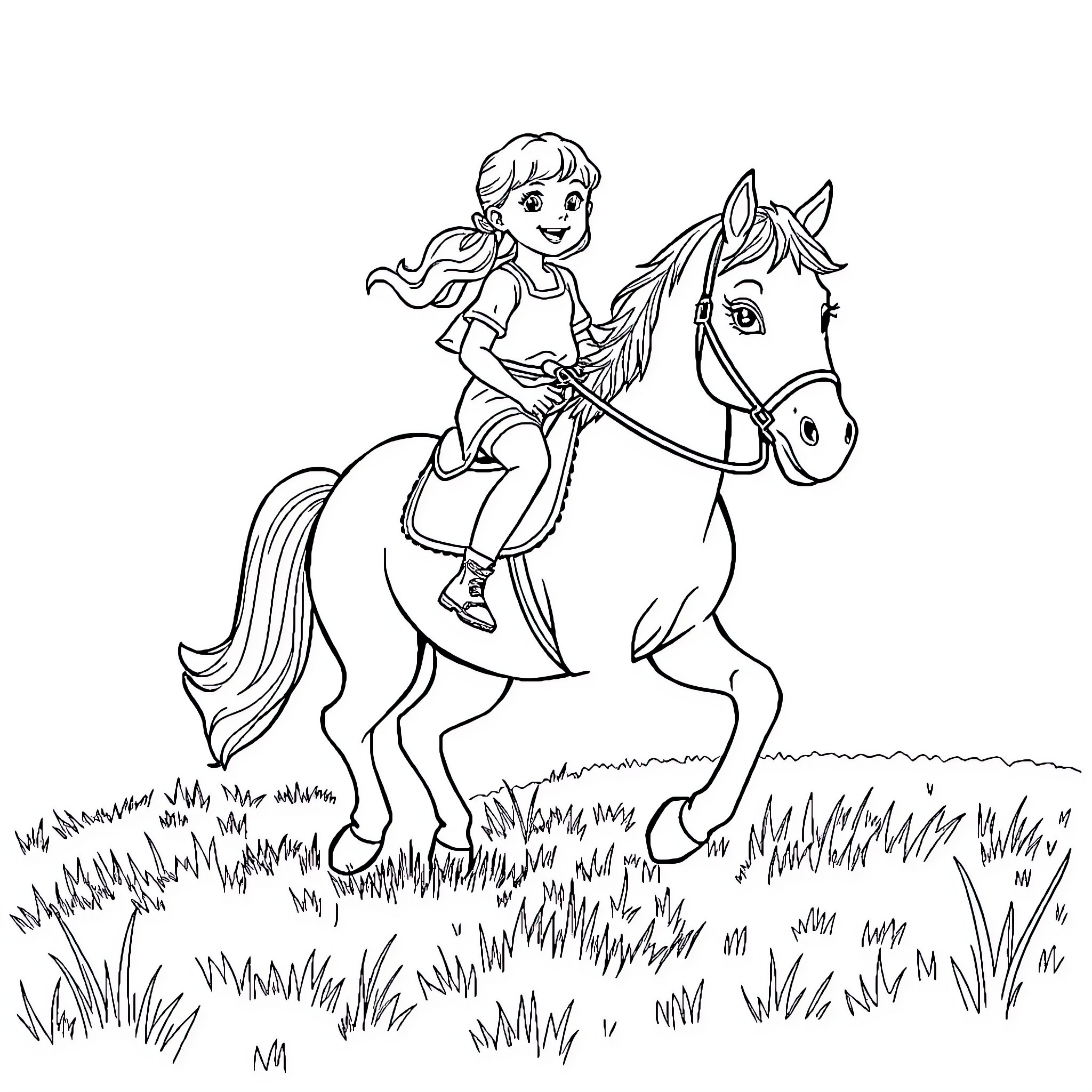 Girl riding horse through grassy field Coloring Page (free black-and-white line drawing printable PDF for all, from beginners to advanced learners, including children, teens, adults, and seniors)