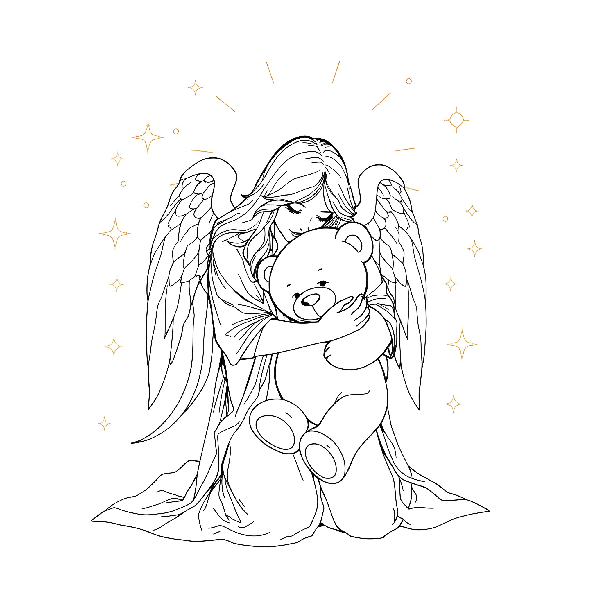 Guardian Angel Comforting a Teddy Bear Coloring Page (free black-and-white line drawing printable PDF for all, from beginners to advanced learners, including children, teens, adults, and seniors)