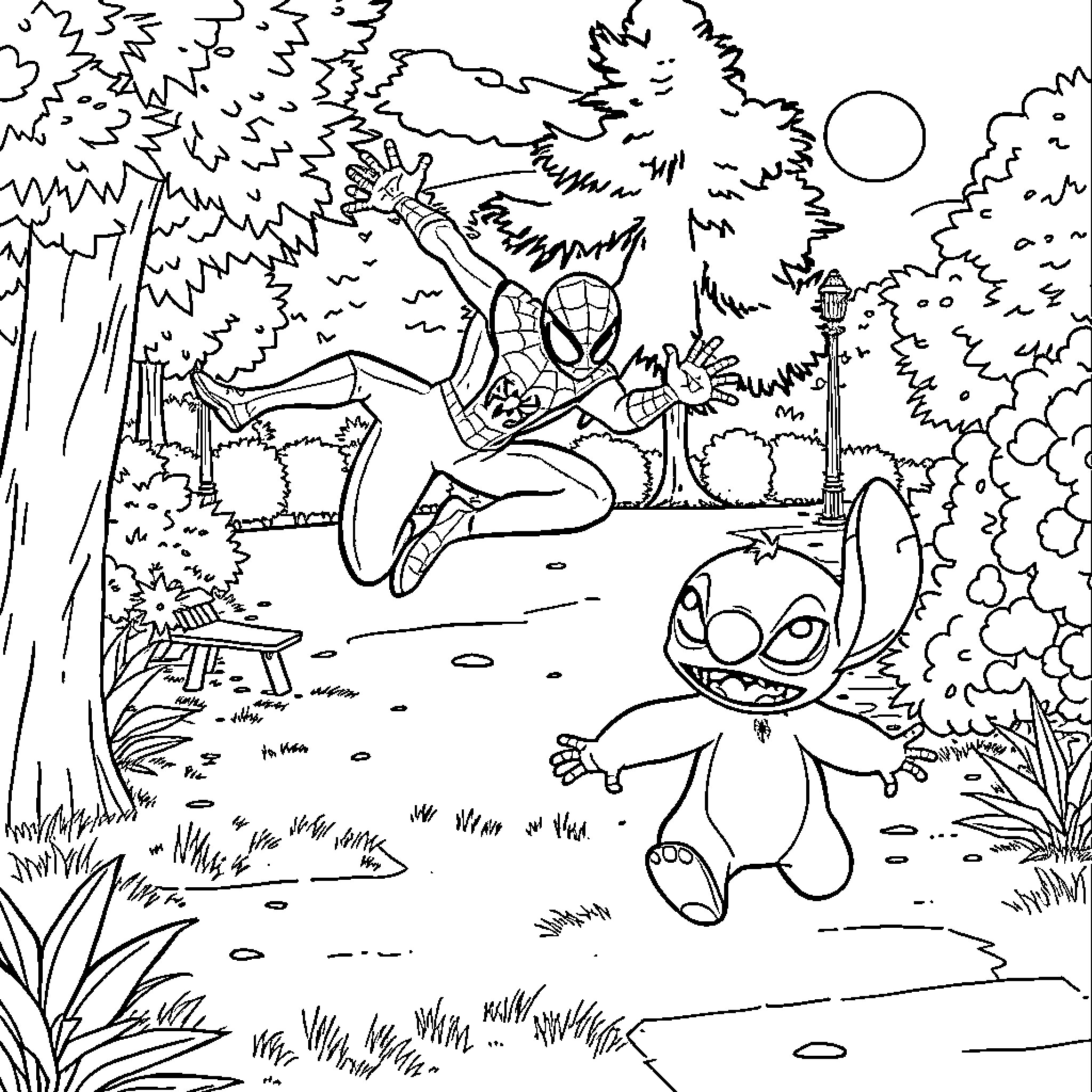 Spiderman swinging through a magical forest landscape Coloring Page (free black-and-white line drawing printable PDF for all, from beginners to advanced learners, including children, teens, adults, and seniors)