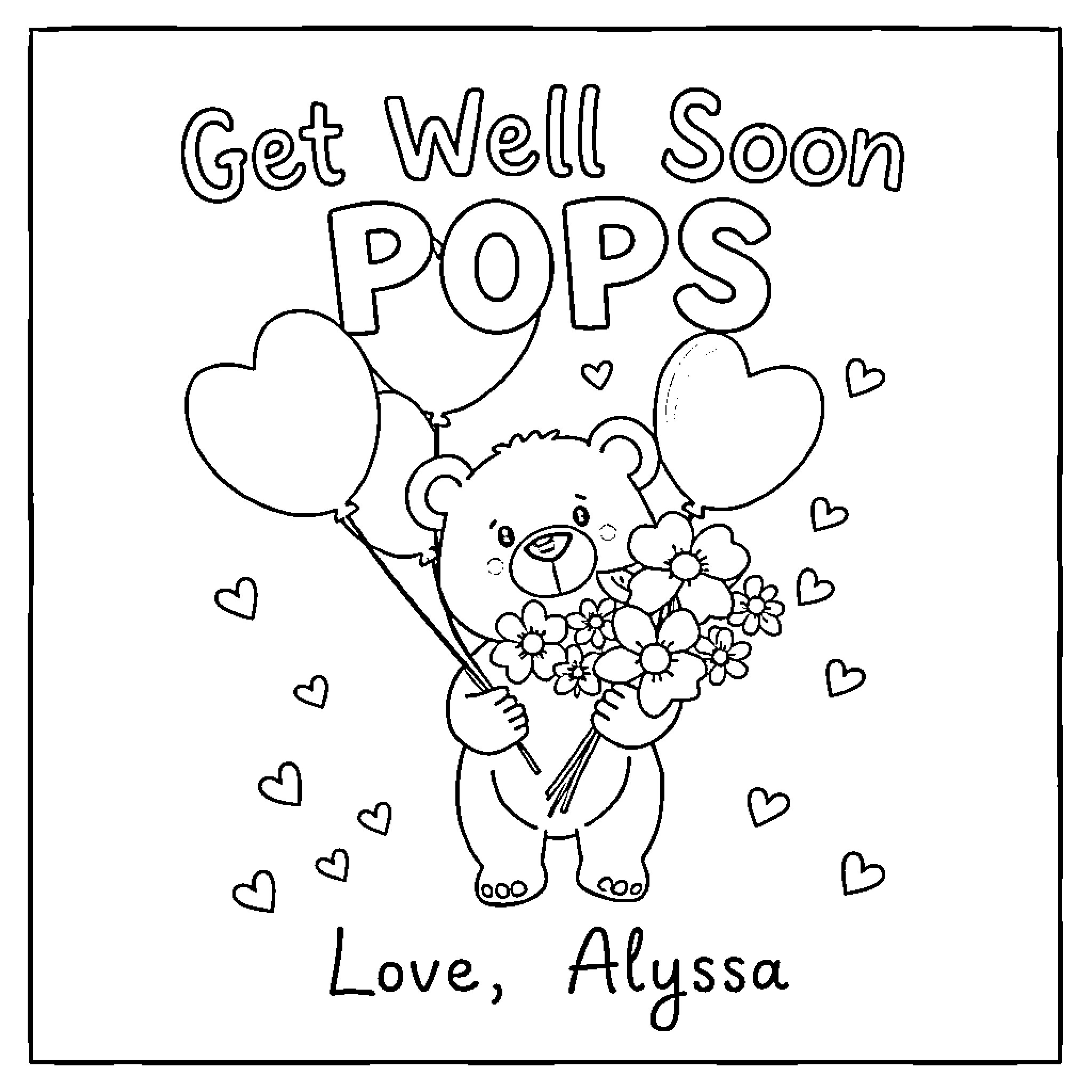 Bear holding flowers and balloons with get well soon message Coloring Page (free black-and-white line drawing printable PDF for all, from beginners to advanced learners, including children, teens, adults, and seniors)