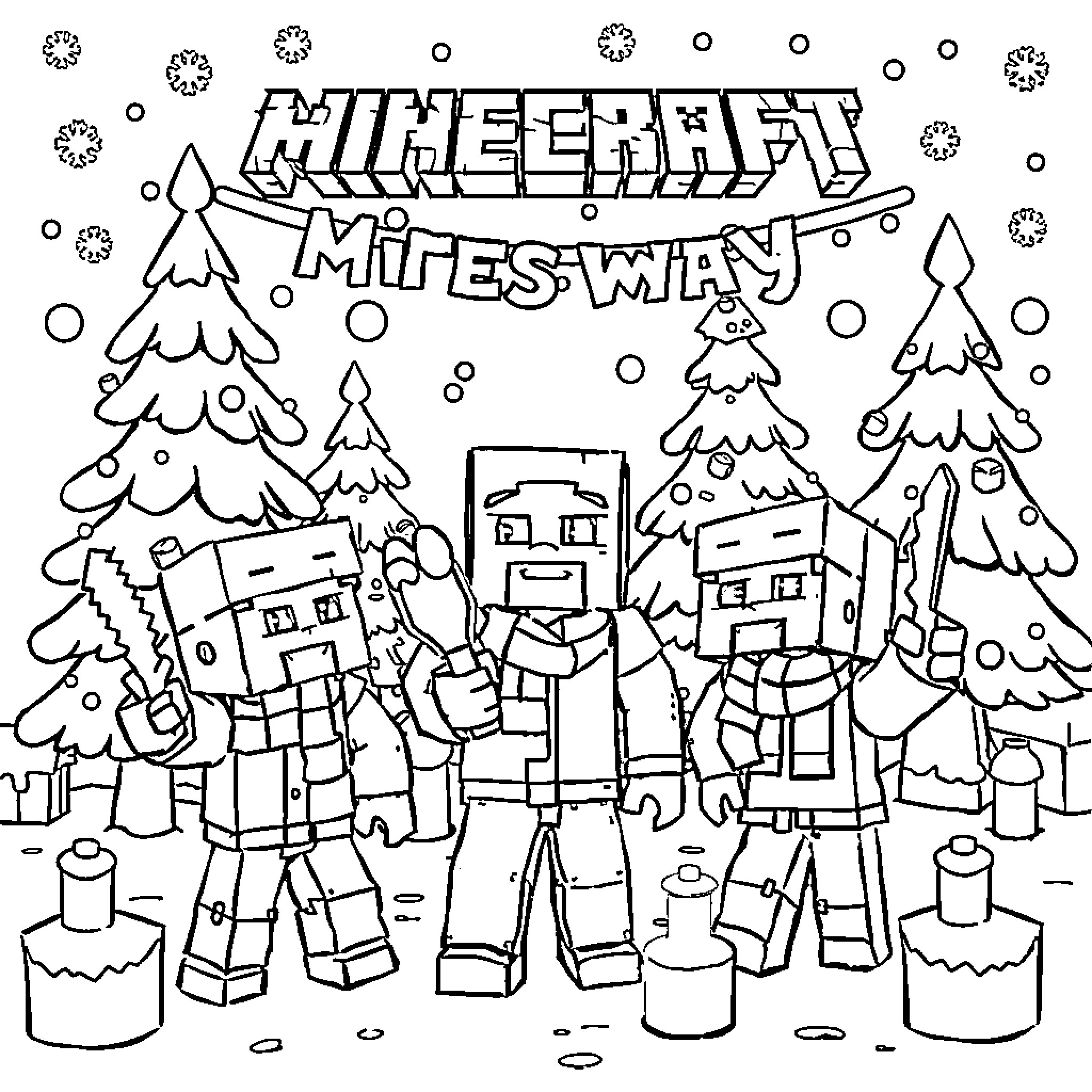 Minecraft characters exploring snowy winter landscape Coloring Page (free black-and-white line drawing printable PDF for all, from beginners to advanced learners, including children, teens, adults, and seniors)