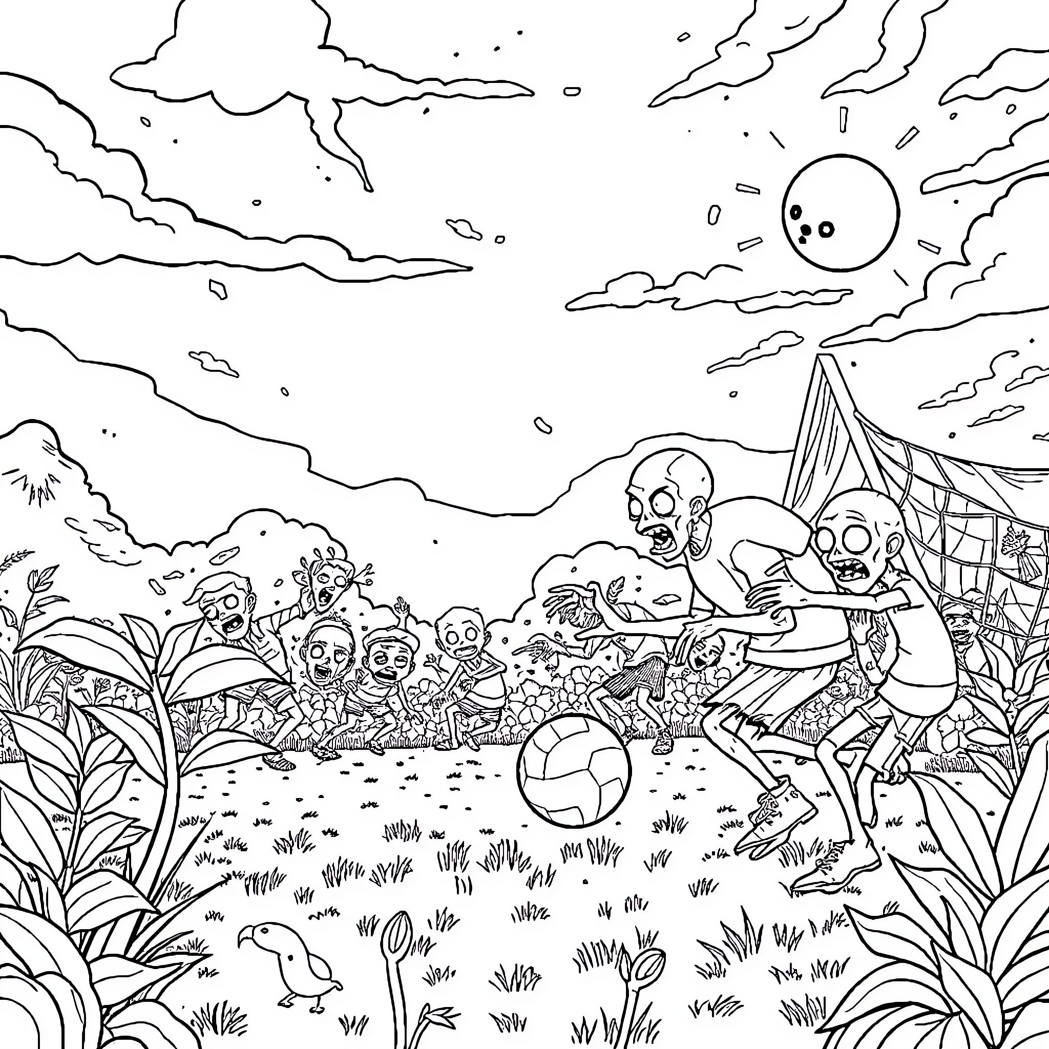Plants vs. Zombies: Chaos in the Enchanted Landscape Coloring Page (free black-and-white line drawing printable PDF for all, from beginners to advanced learners, including children, teens, adults, and seniors)