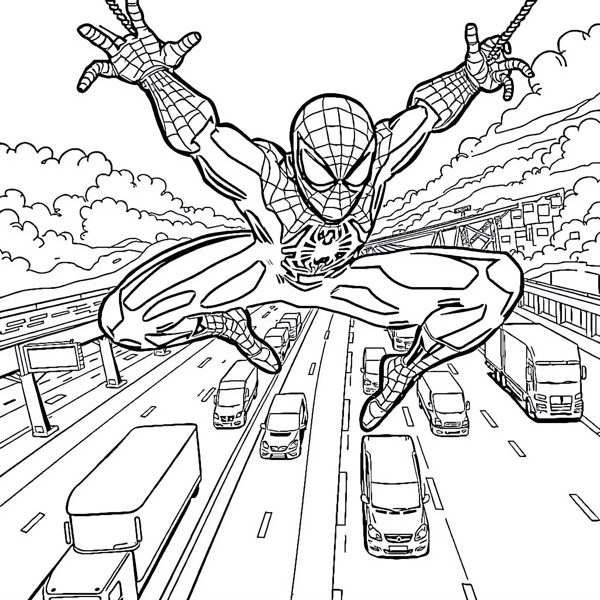 Spiderman swinging through the city skyline Coloring Page (free black-and-white line drawing printable PDF for all, from beginners to advanced learners, including children, teens, adults, and seniors)