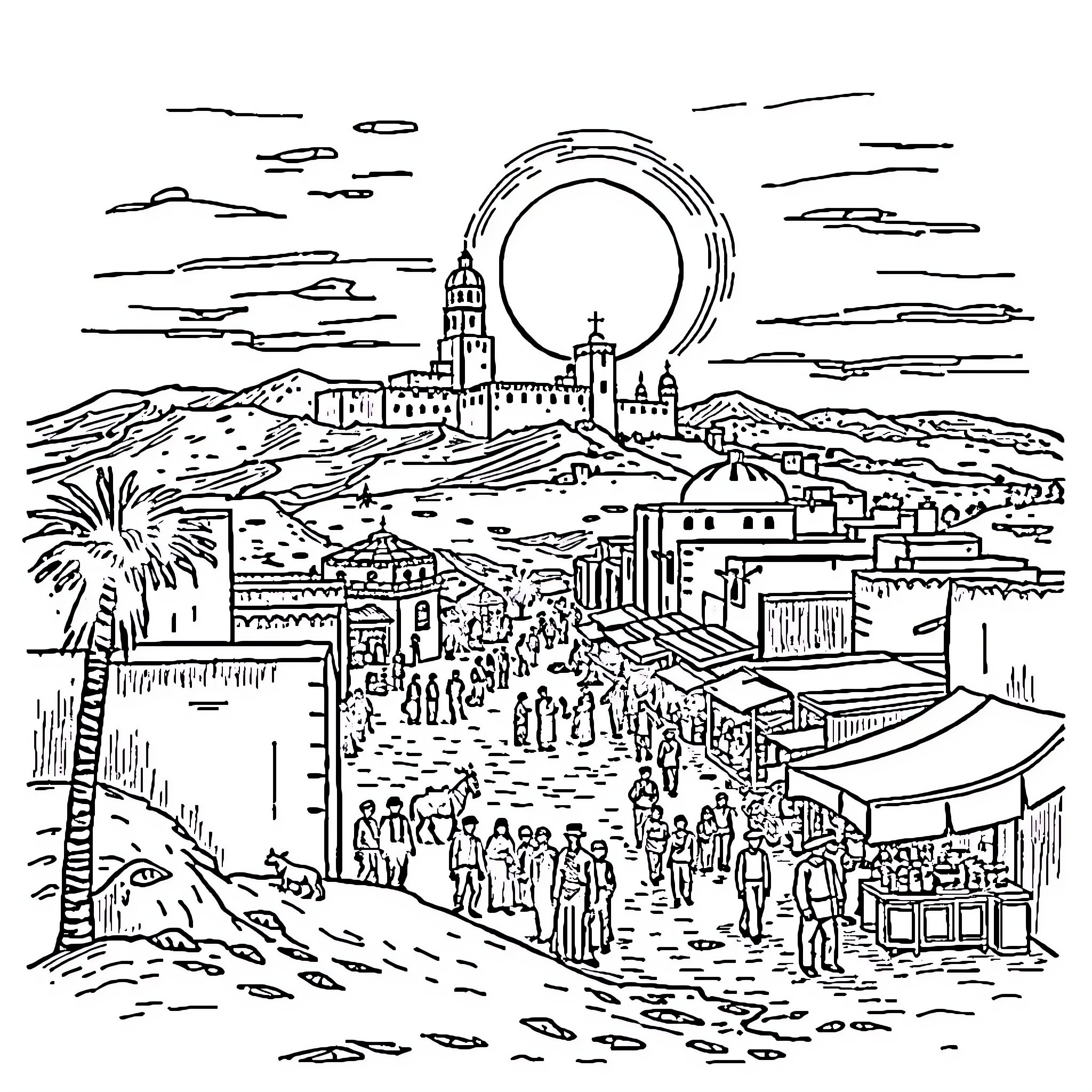 Algeria's Bustling Market Scene with Iconic Architecture Coloring Page (free black-and-white line drawing printable PDF for all, from beginners to advanced learners, including children, teens, adults, and seniors)