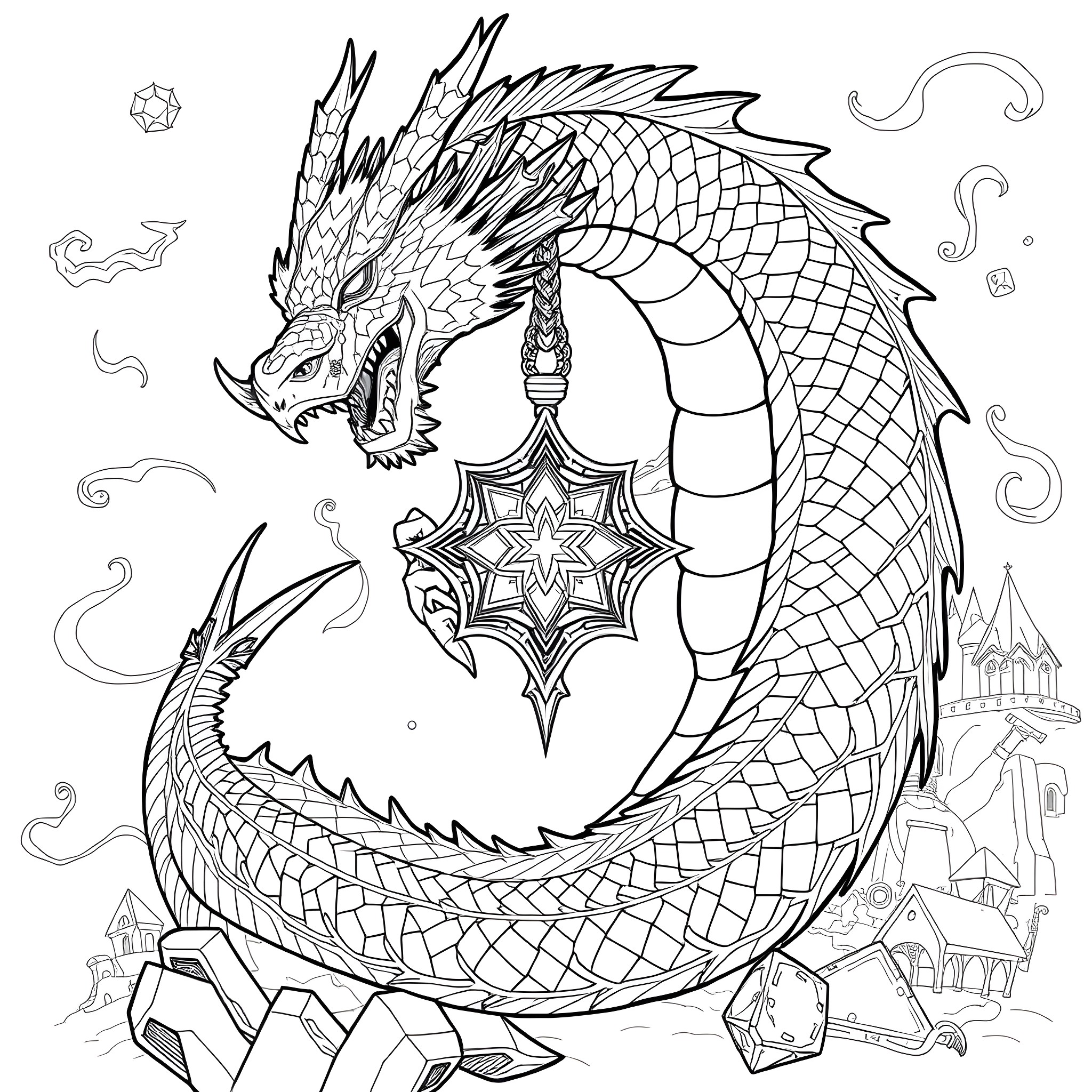 Dragon guarding a magical crystal star Coloring Page (free black-and-white line drawing printable PDF for all, from beginners to advanced learners, including children, teens, adults, and seniors)