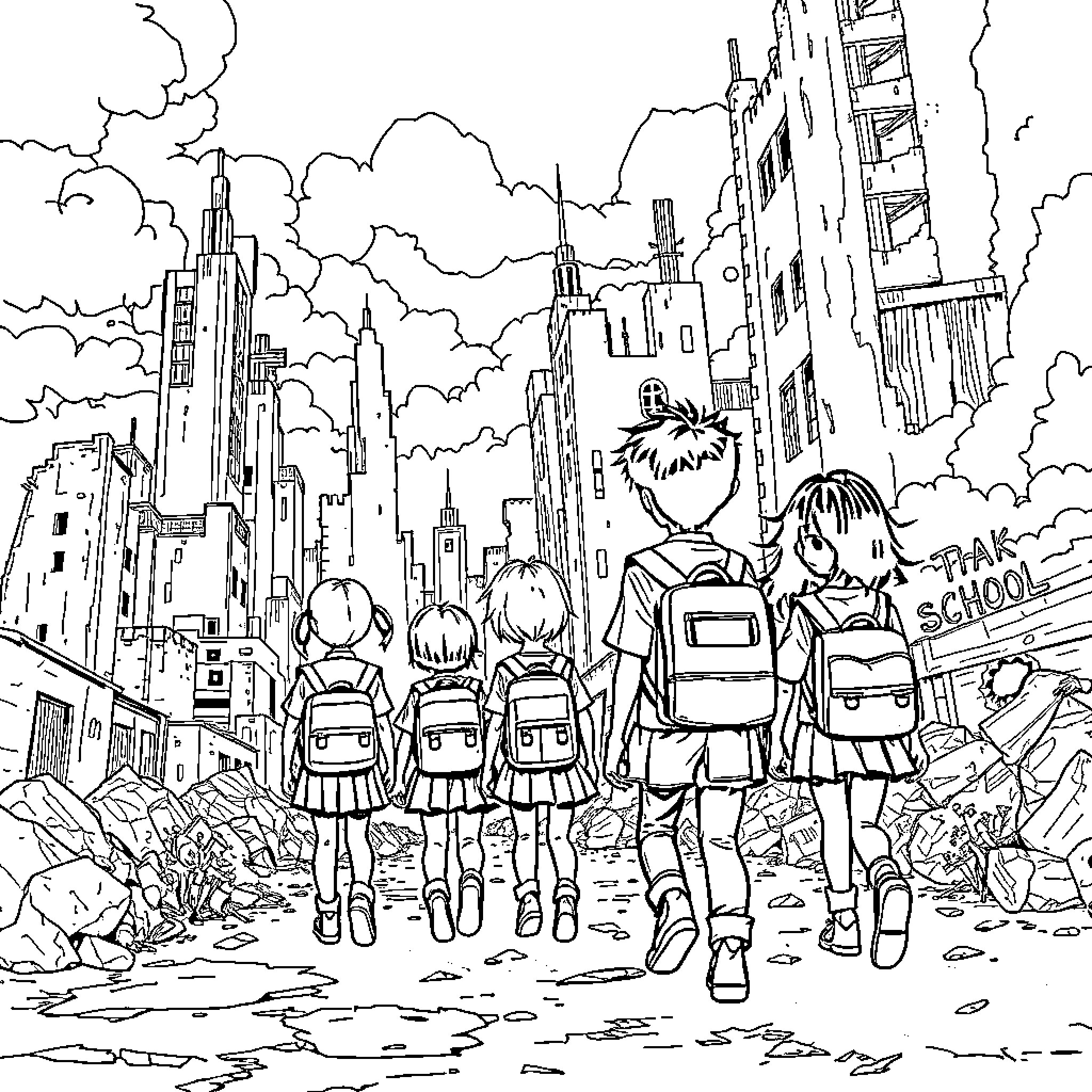 Kid group exploring mysterious urban landscape Coloring Page (free black-and-white line drawing printable PDF for all, from beginners to advanced learners, including children, teens, adults, and seniors)