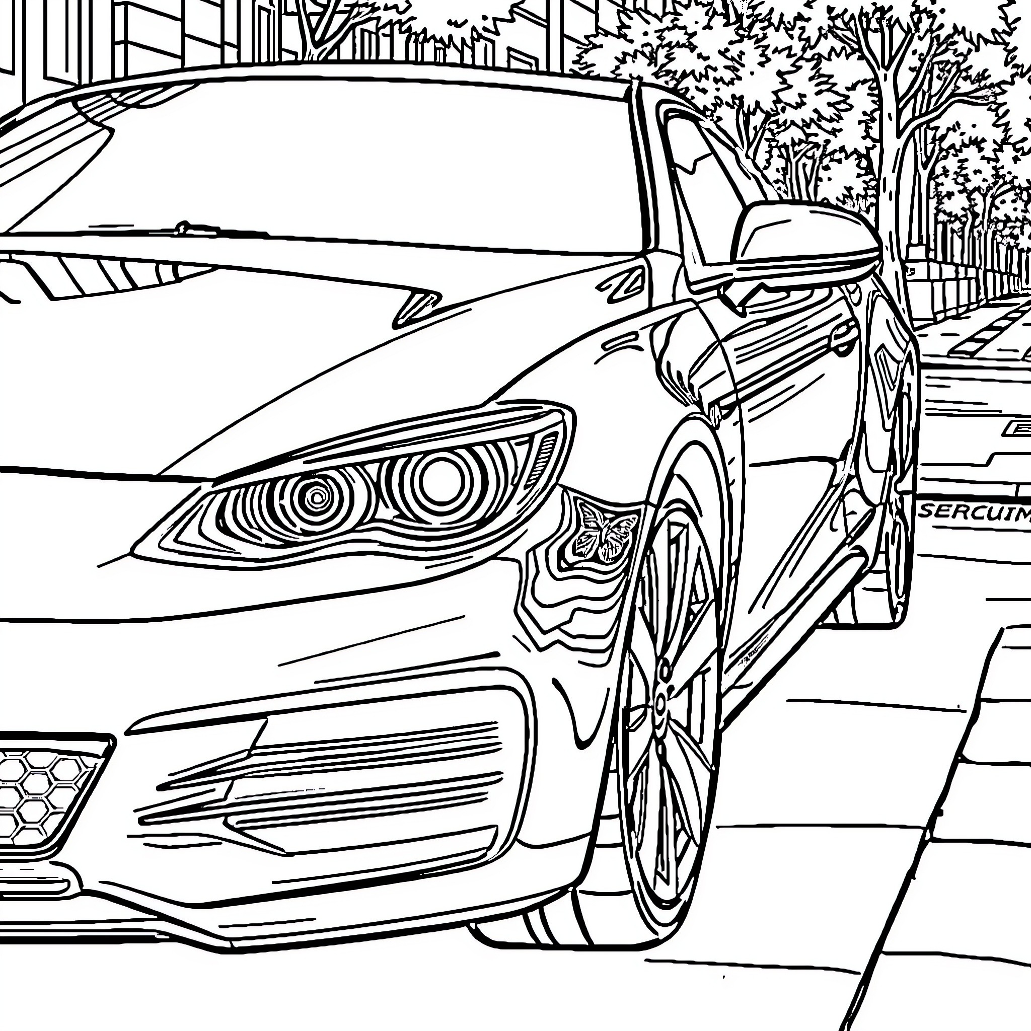 Car parked on city street in detailed outline Coloring Page (free black-and-white line drawing printable PDF for all, from beginners to advanced learners, including children, teens, adults, and seniors)