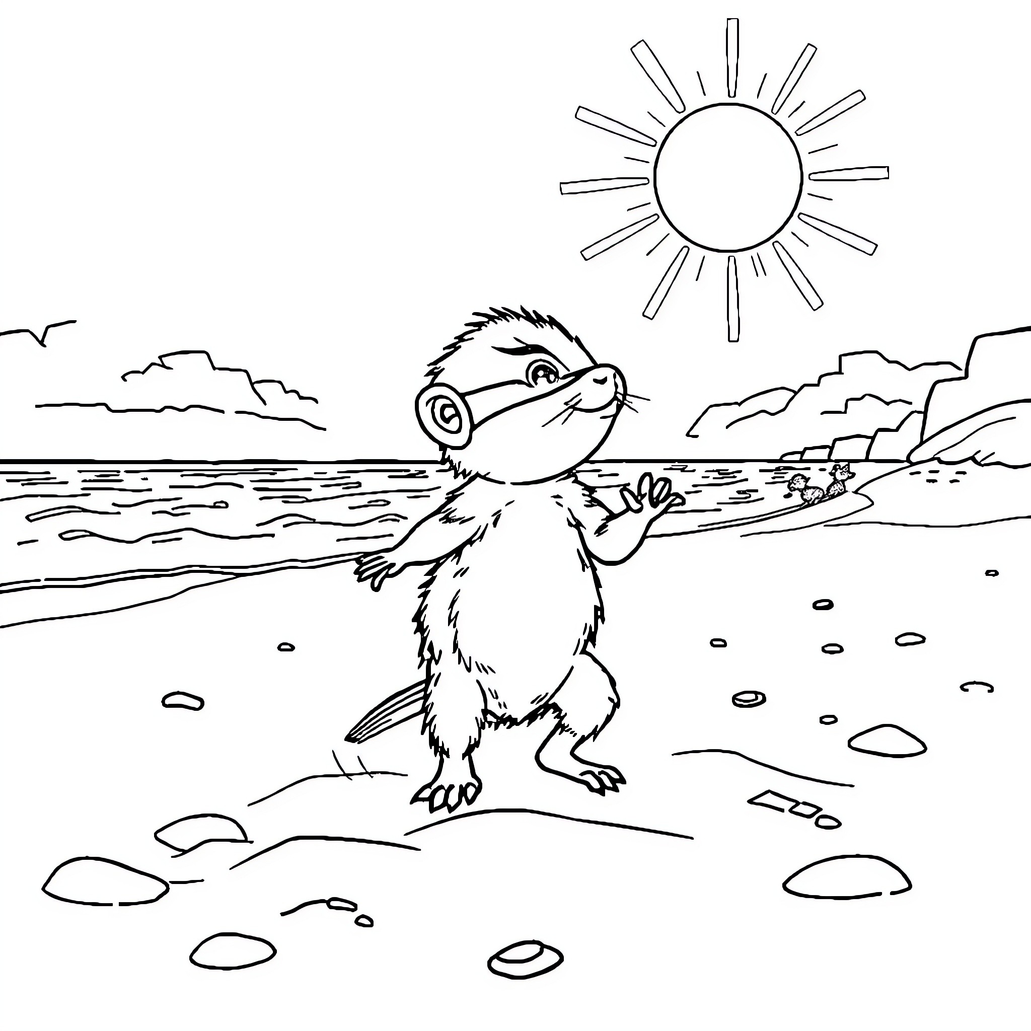 Pig enjoying sunny day on the beach Coloring Page (free black-and-white line drawing printable PDF for all, from beginners to advanced learners, including children, teens, adults, and seniors)