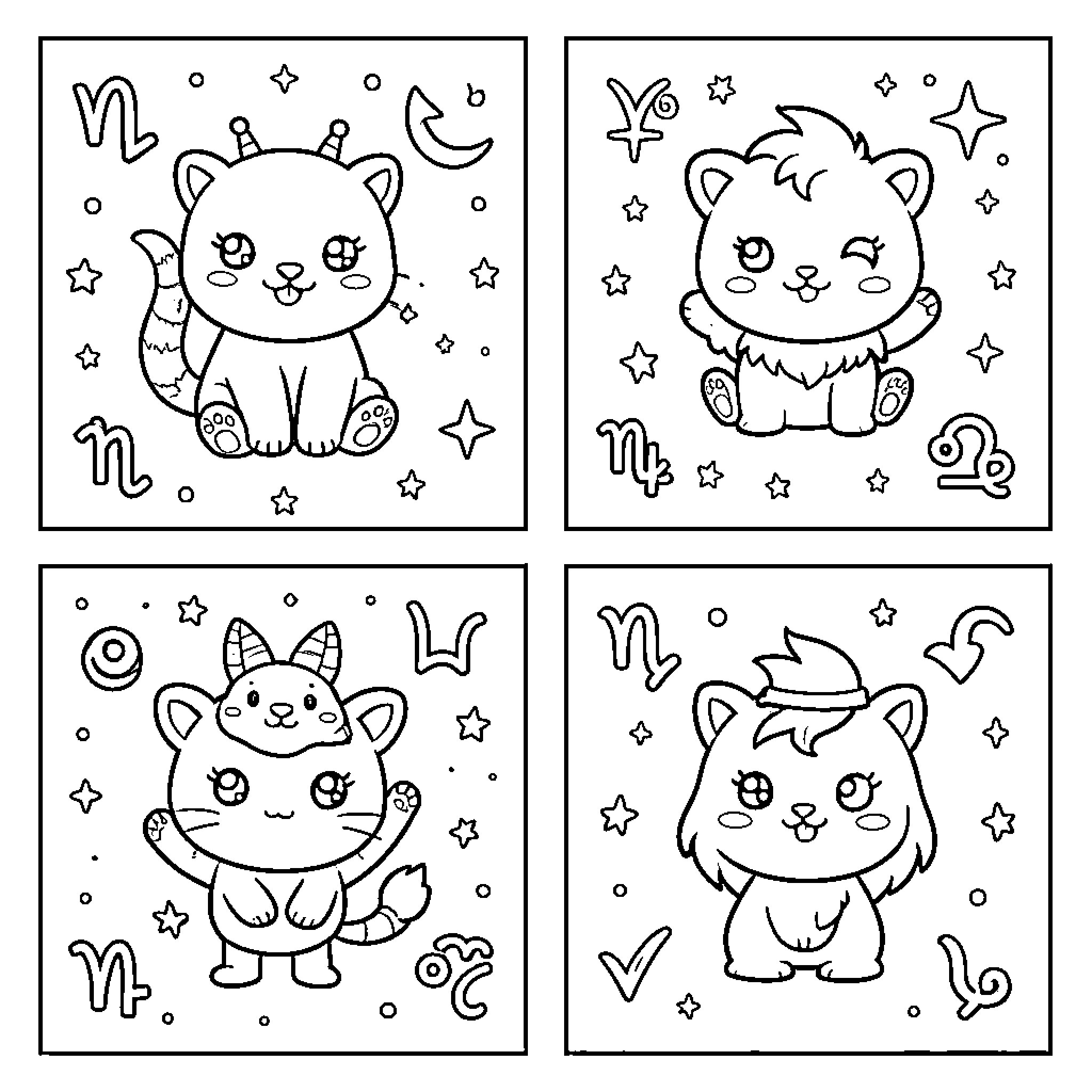 Zodiac Sign Cute Cartoon Cats with Stars Coloring Page (free black-and-white line drawing printable PDF for all, from beginners to advanced learners, including children, teens, adults, and seniors)