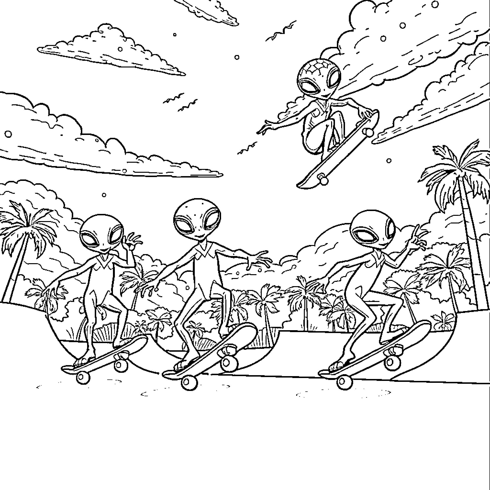 Alien skateboarding adventures in tropical paradise Coloring Page (free black-and-white line drawing printable PDF for all, from beginners to advanced learners, including children, teens, adults, and seniors)