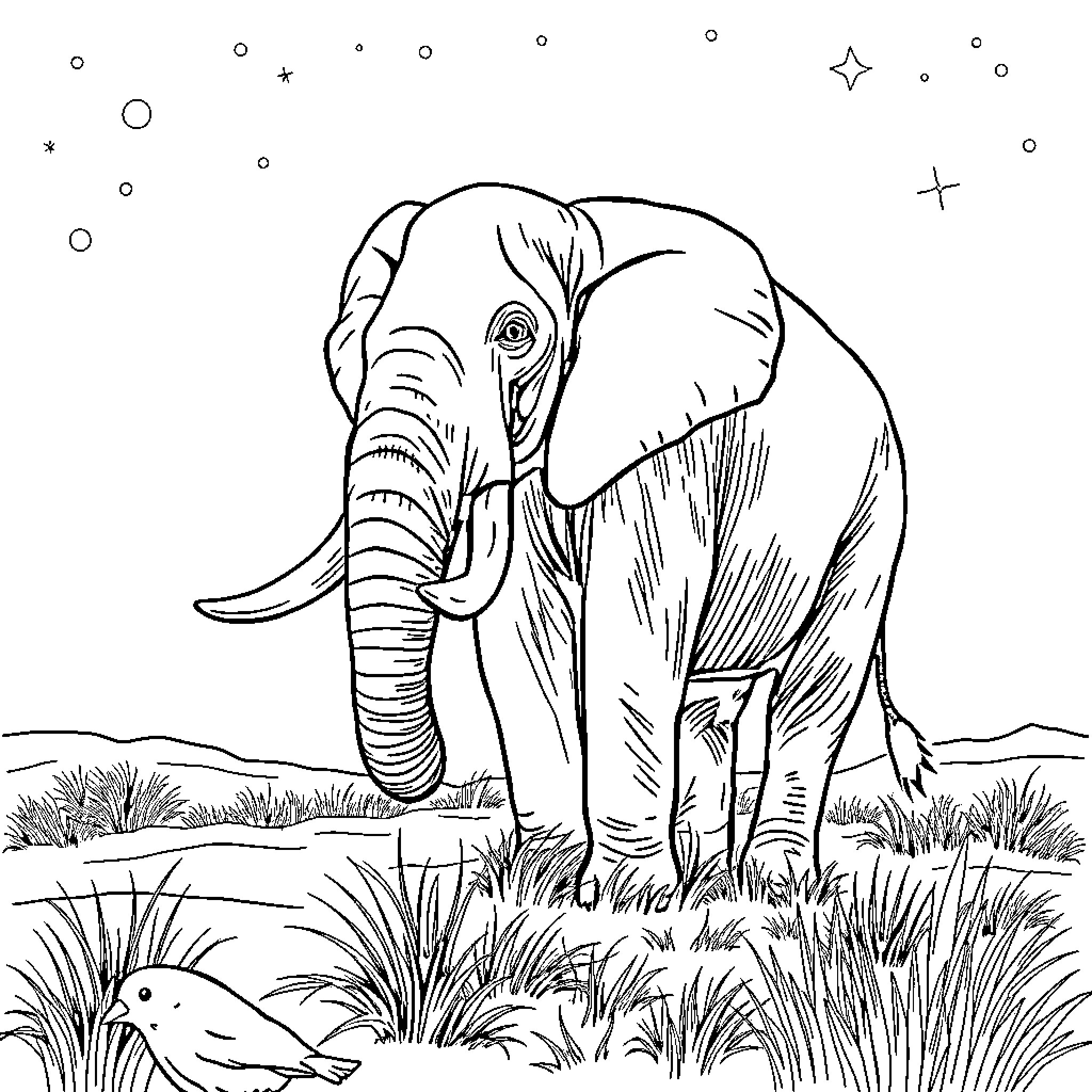 Elephant roaming peacefully in the wild Coloring Page (free black-and-white line drawing printable PDF for all, from beginners to advanced learners, including children, teens, adults, and seniors)
