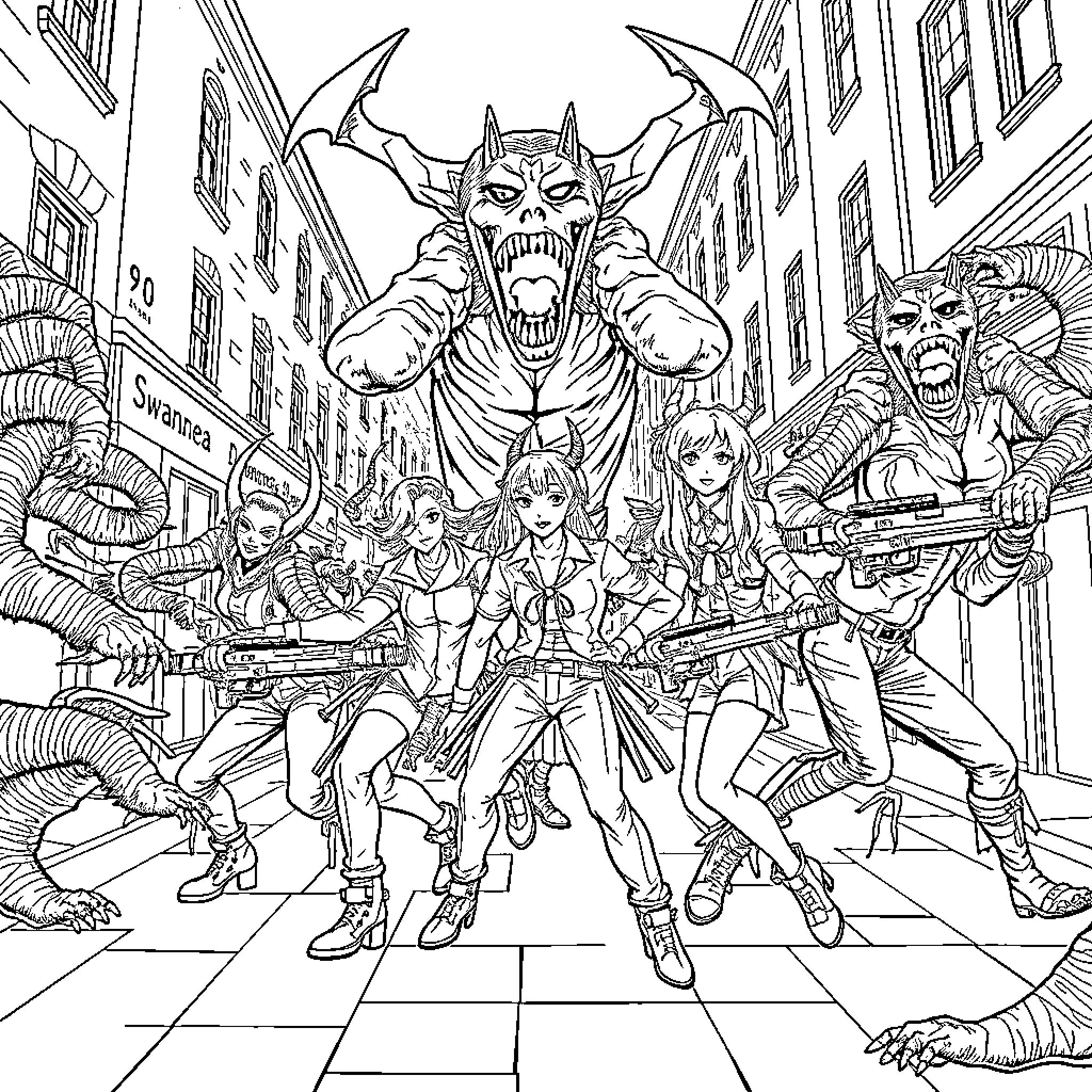 Demon Hunter Battles Fierce Foes in Gritty Urban Setting Coloring Page (free black-and-white line drawing printable PDF for all, from beginners to advanced learners, including children, teens, adults, and seniors)