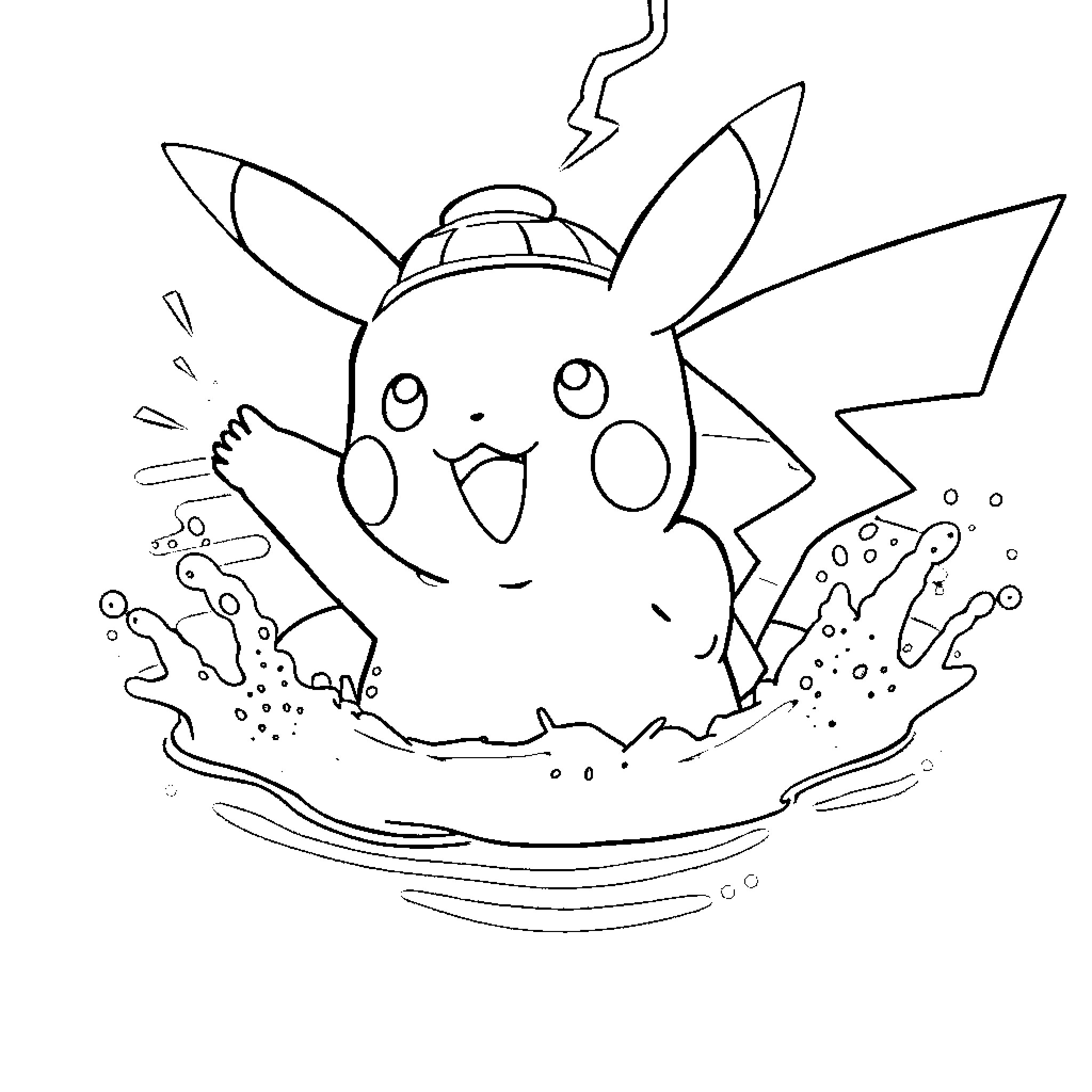 Pikachu splashing in puddle playfully Coloring Page (free black-and-white line drawing printable PDF for all, from beginners to advanced learners, including children, teens, adults, and seniors)