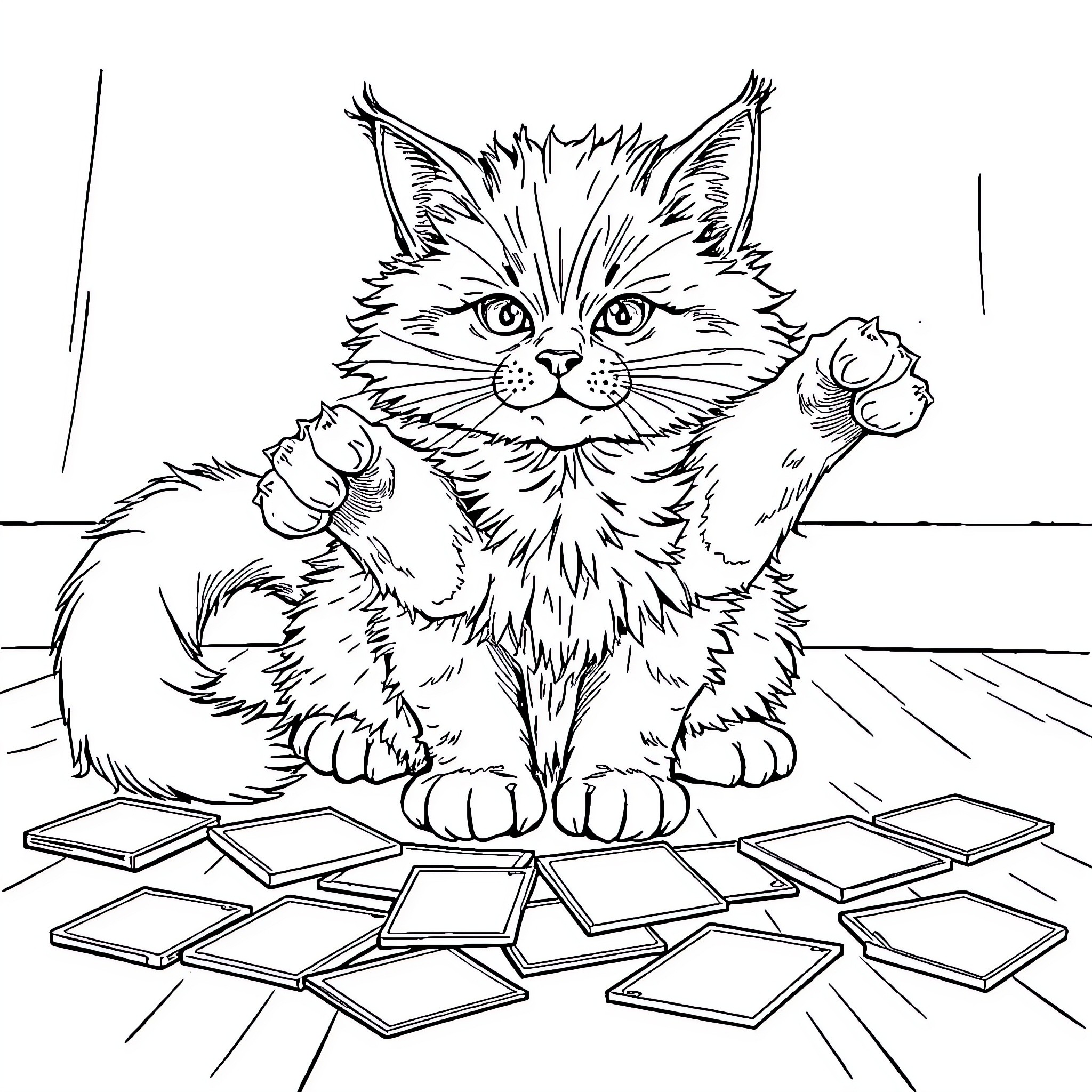 Cat playing with cards on the floor Coloring Page (free black-and-white line drawing printable PDF for all, from beginners to advanced learners, including children, teens, adults, and seniors)