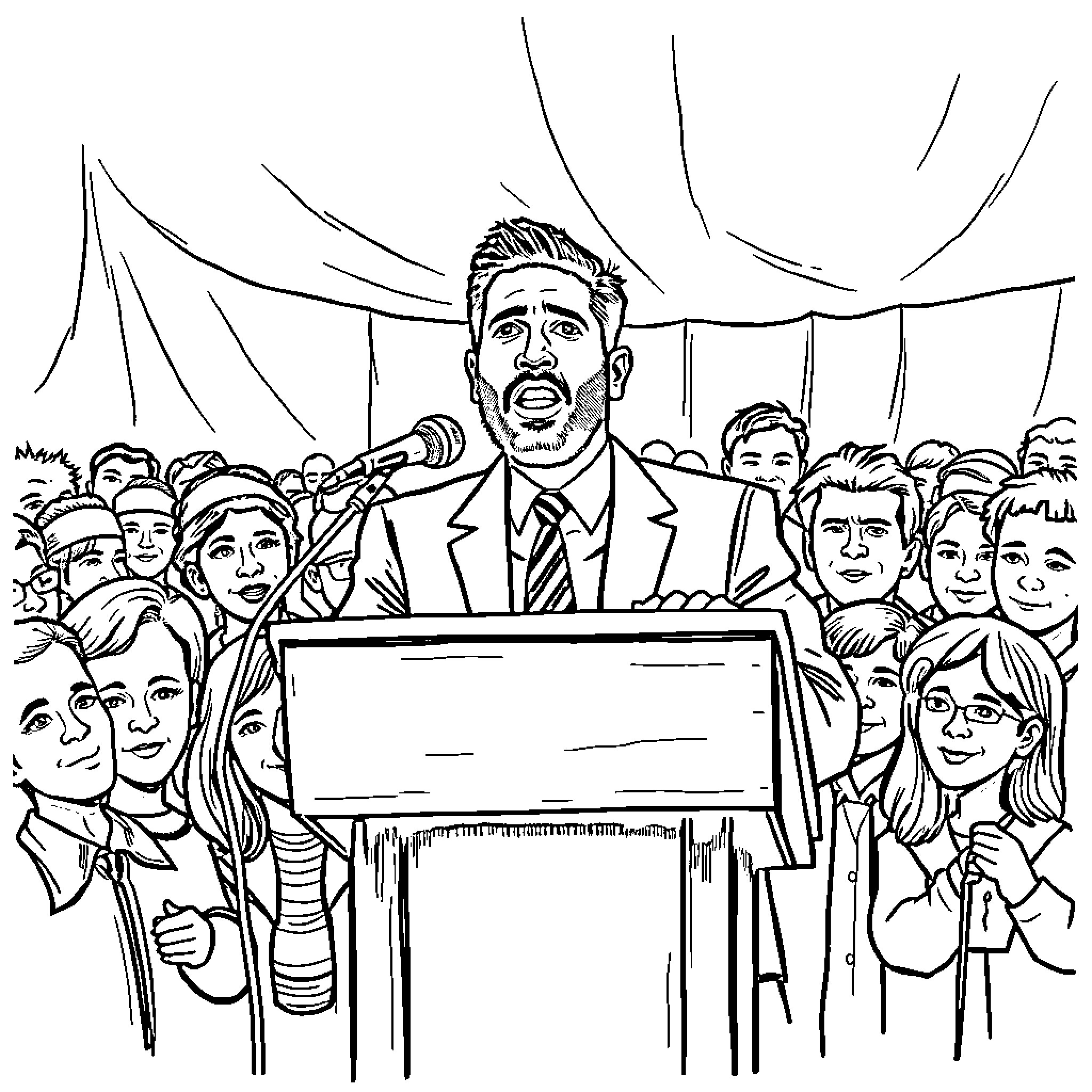 Kier Starmer addressing a crowd on stage Coloring Page (free black-and-white line drawing printable PDF for all, from beginners to advanced learners, including children, teens, adults, and seniors)