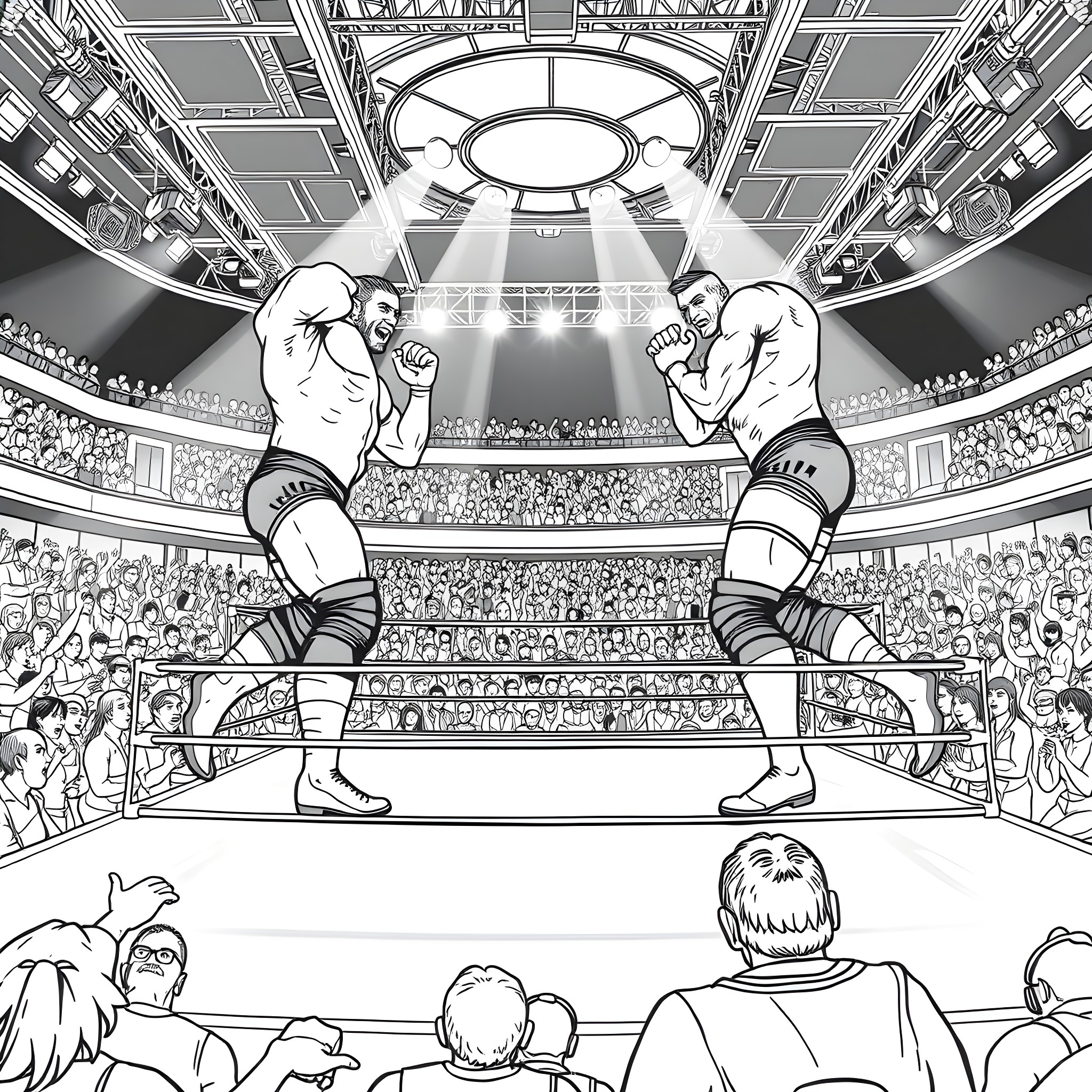 WWE Wrestling Match in Action-Packed Arena Coloring Page (free black-and-white line drawing printable PDF for all, from beginners to advanced learners, including children, teens, adults, and seniors)