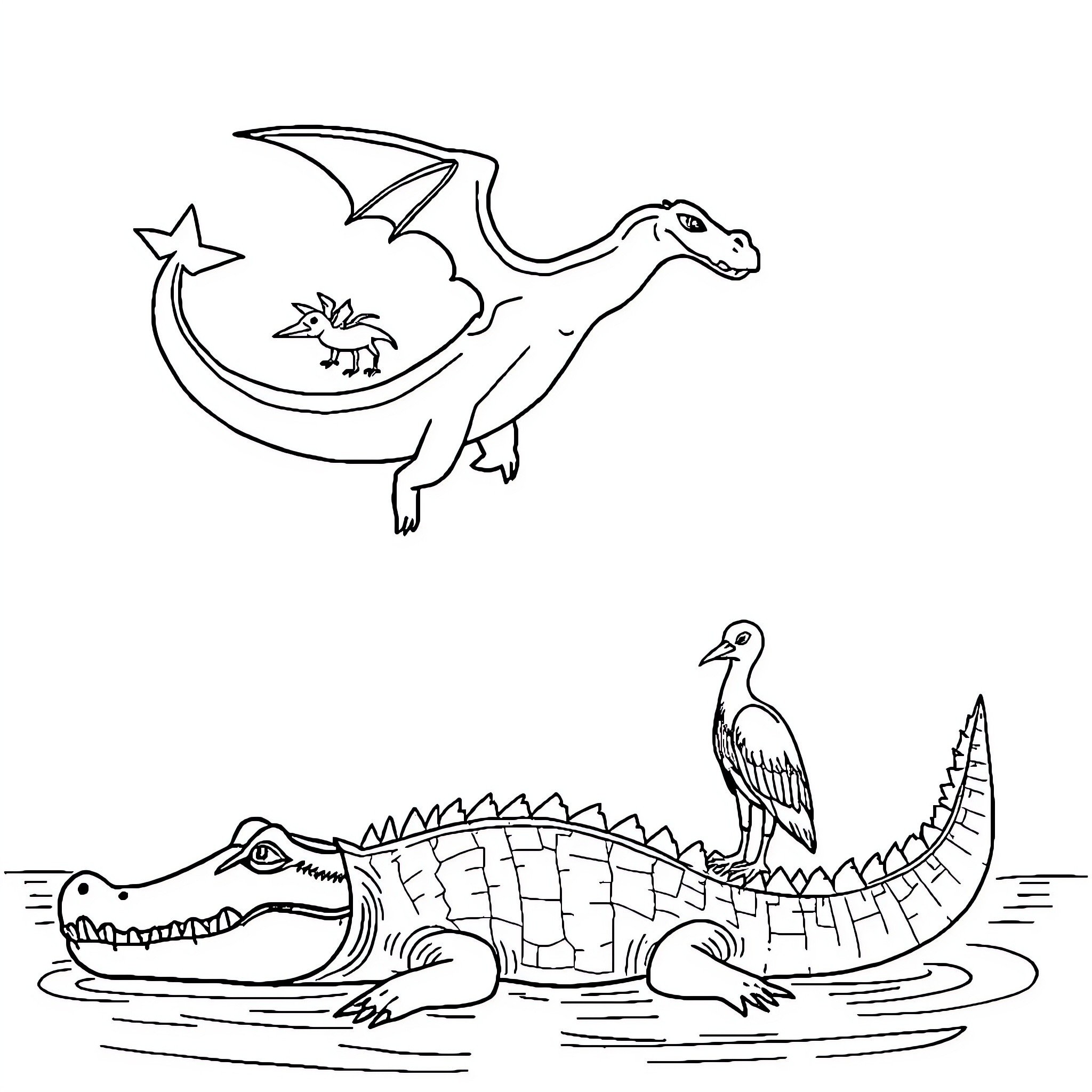 Dragon soaring over a crocodile-like creature and stork Coloring Page (free black-and-white line drawing printable PDF for all, from beginners to advanced learners, including children, teens, adults, and seniors)