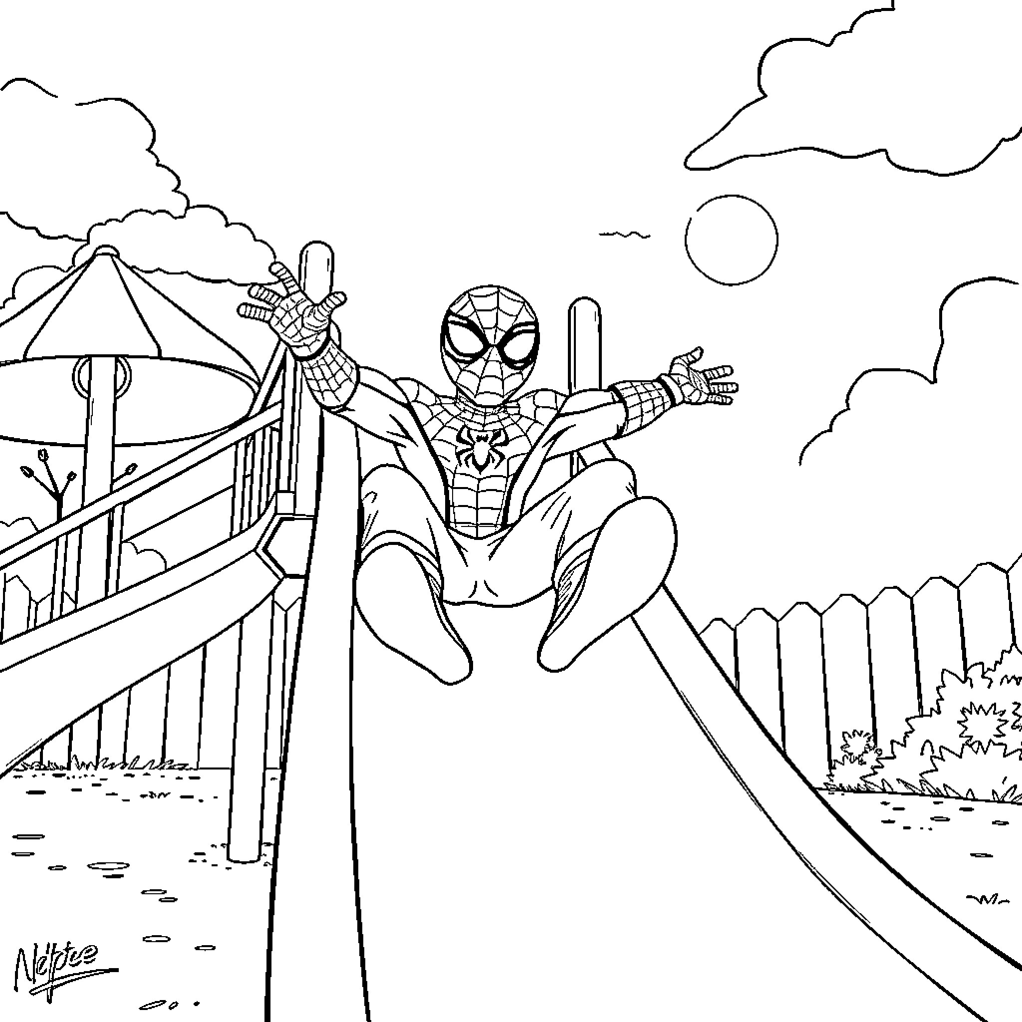 Spiderman swinging through the park on a sunny day Coloring Page (free black-and-white line drawing printable PDF for all, from beginners to advanced learners, including children, teens, adults, and seniors)