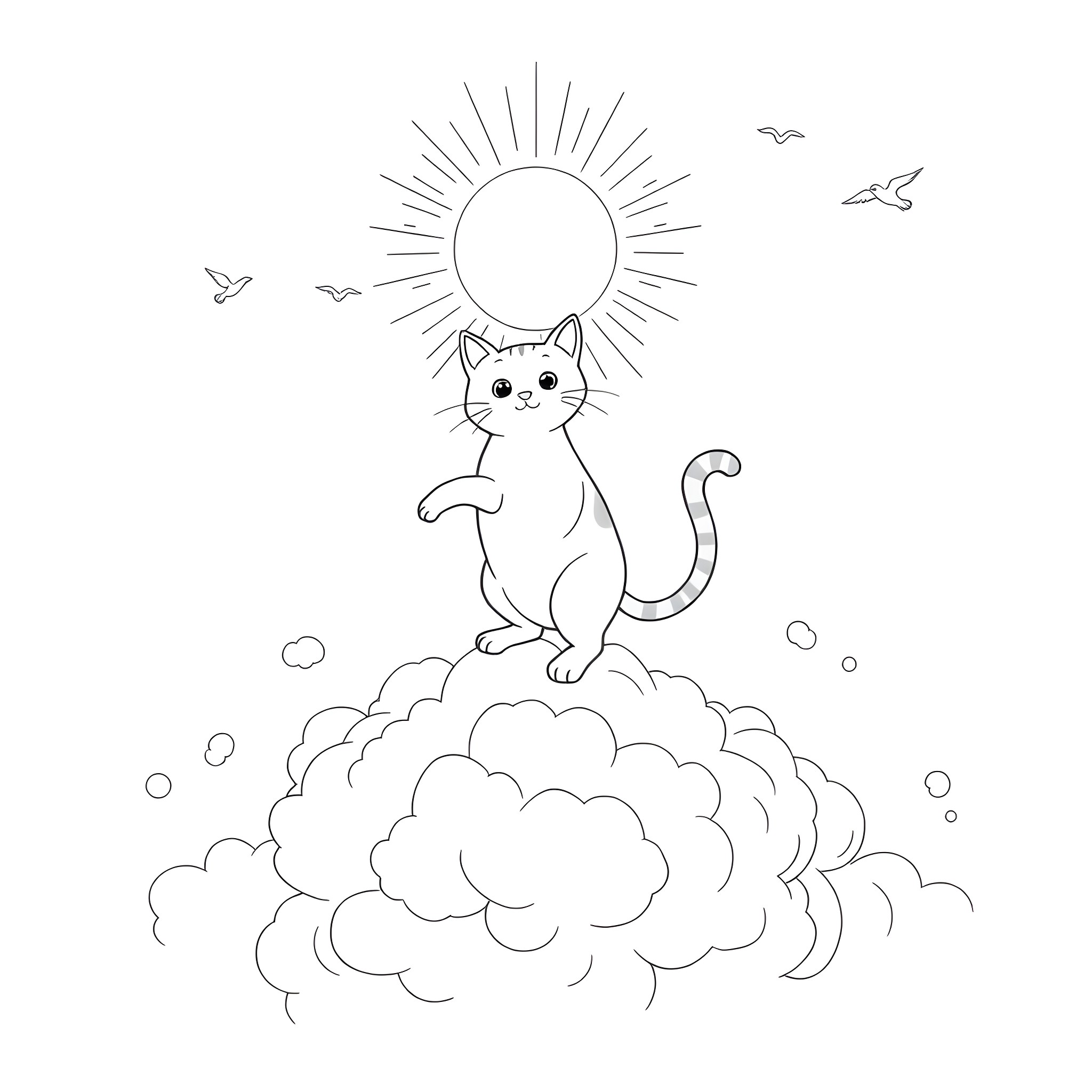 Cat lounging on a cloud under the sun Coloring Page (free black-and-white line drawing printable PDF for all, from beginners to advanced learners, including children, teens, adults, and seniors)