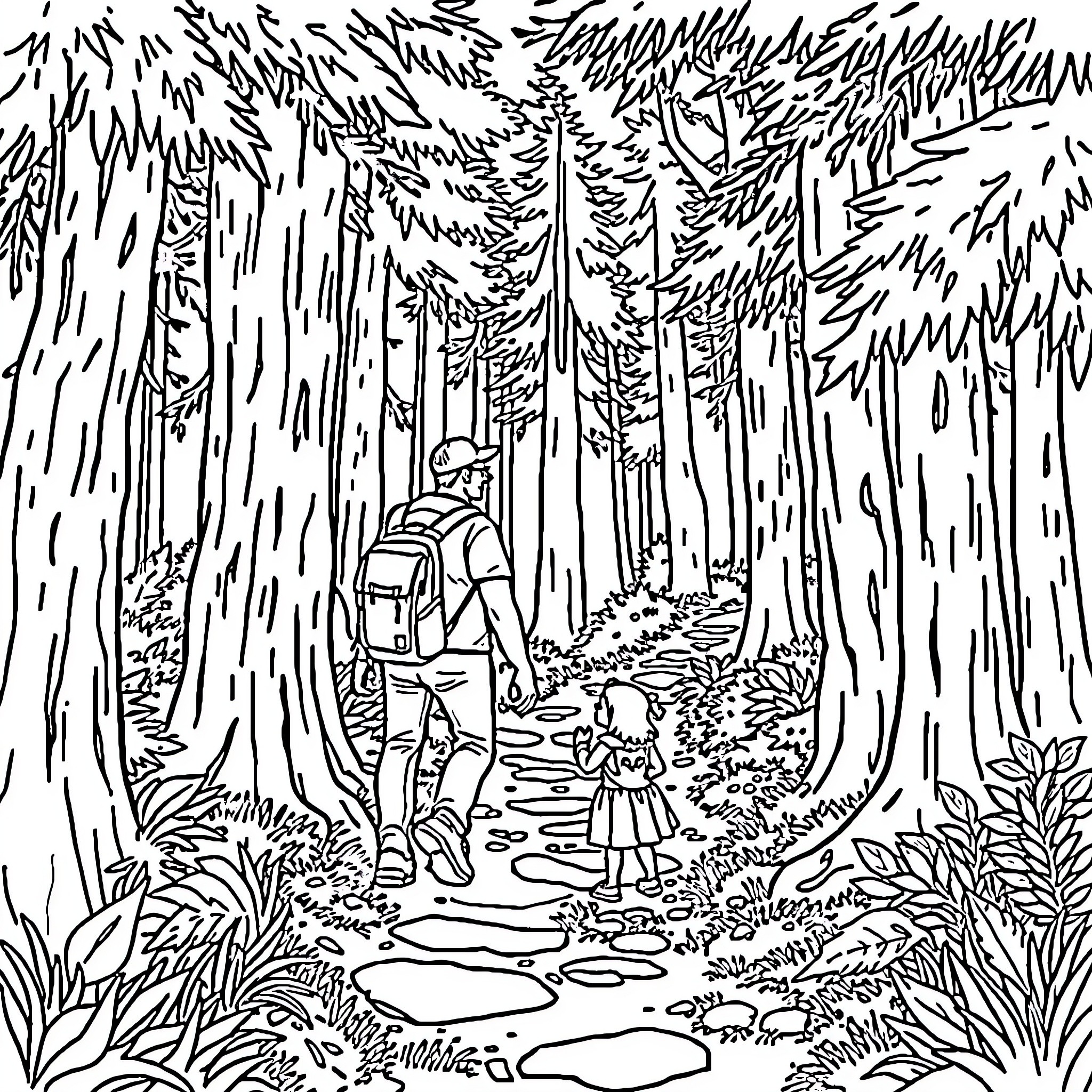 Dad explores the enchanting forest with child Coloring Page (free black-and-white line drawing printable PDF for all, from beginners to advanced learners, including children, teens, adults, and seniors)