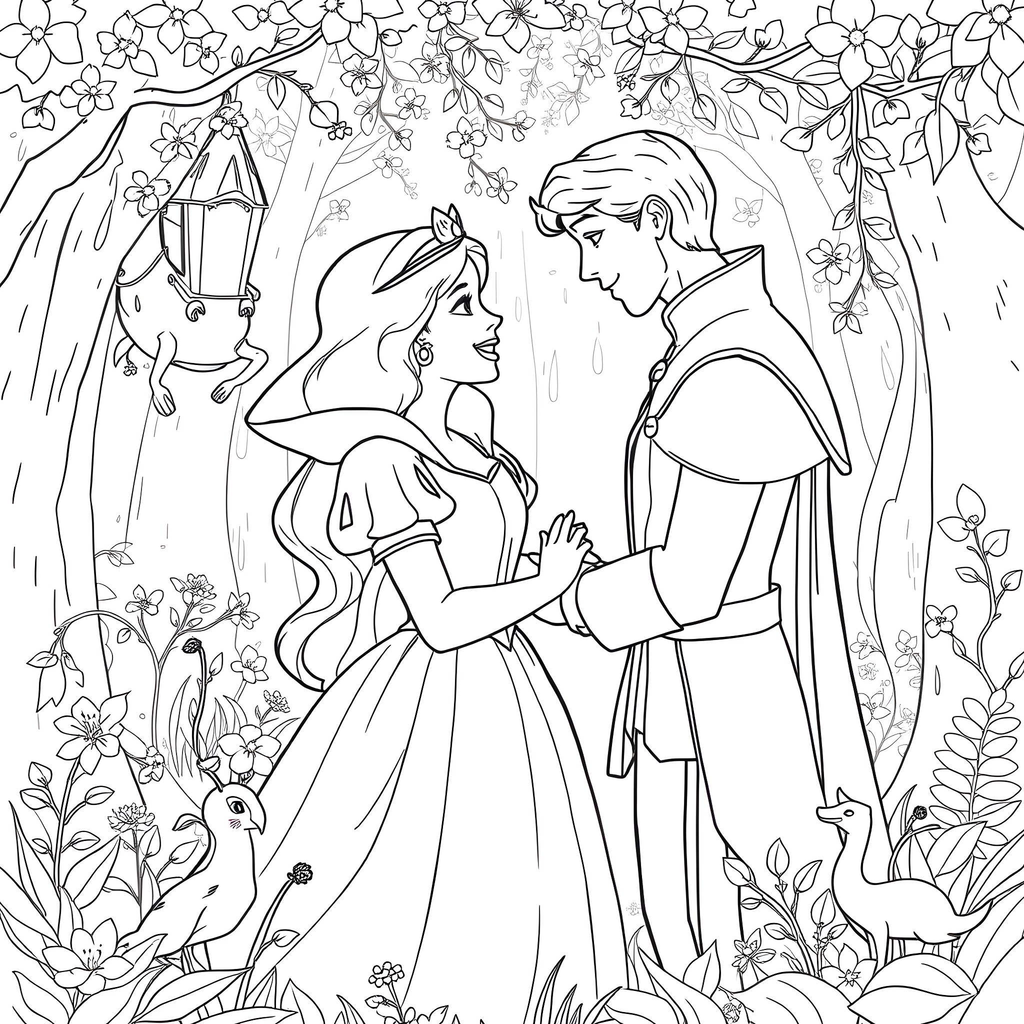 Snow White and Prince Charming in enchanted forest Coloring Page (free black-and-white line drawing printable PDF for all, from beginners to advanced learners, including children, teens, adults, and seniors)