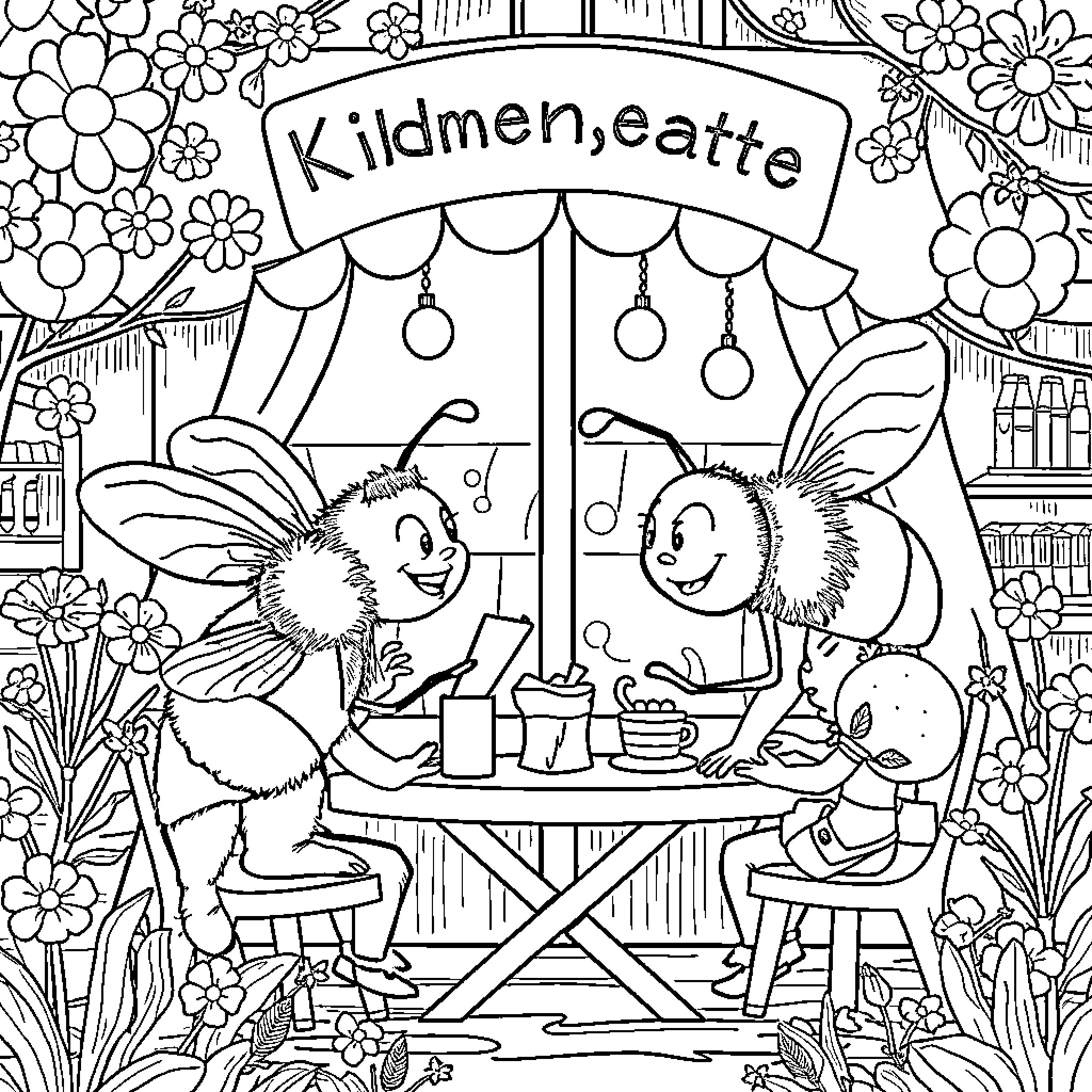 Biene Maja enjoying a cafe outing with friends Coloring Page (free black-and-white line drawing printable PDF for all, from beginners to advanced learners, including children, teens, adults, and seniors)