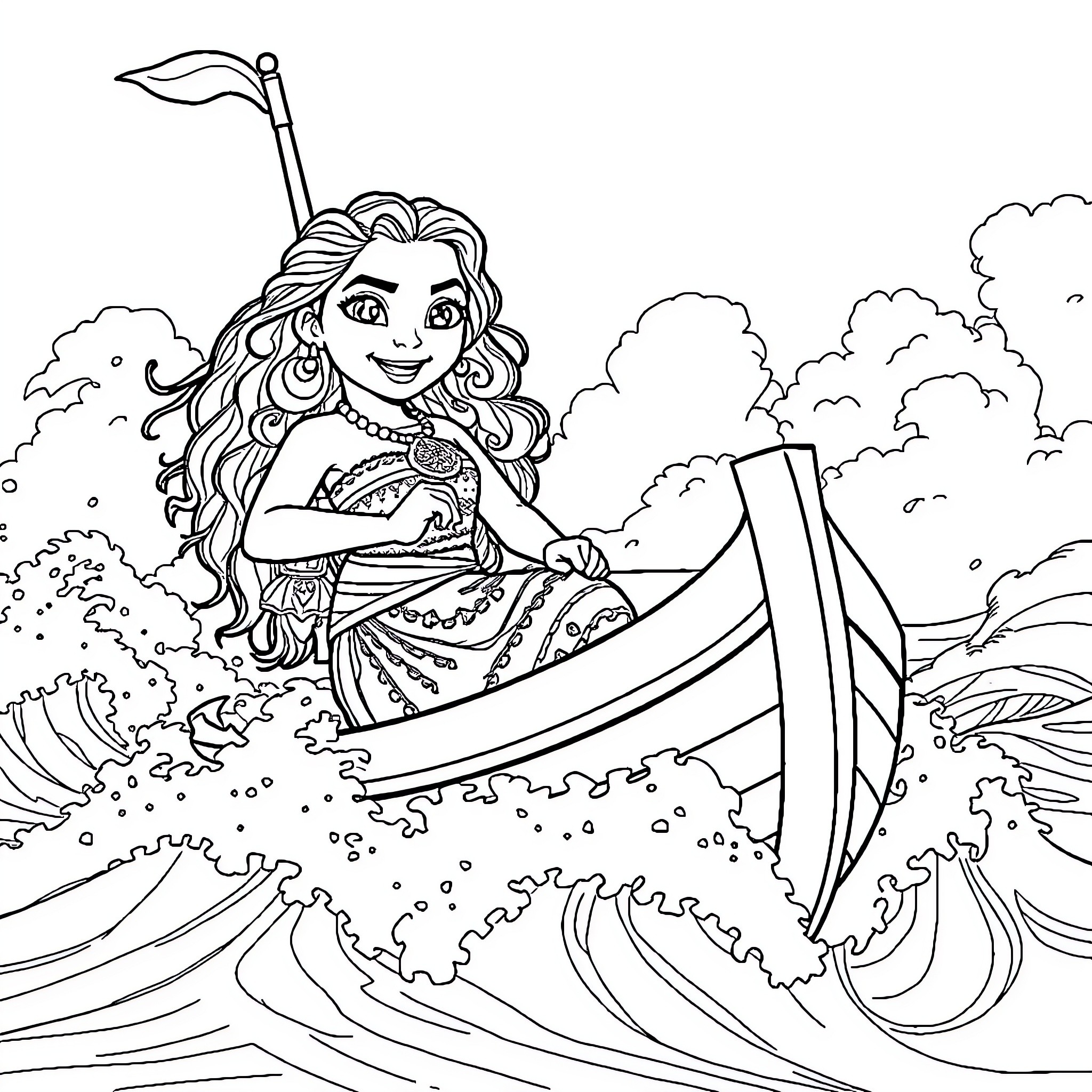 Moana navigating her boat through the ocean waves Coloring Page (free black-and-white line drawing printable PDF for all, from beginners to advanced learners, including children, teens, adults, and seniors)