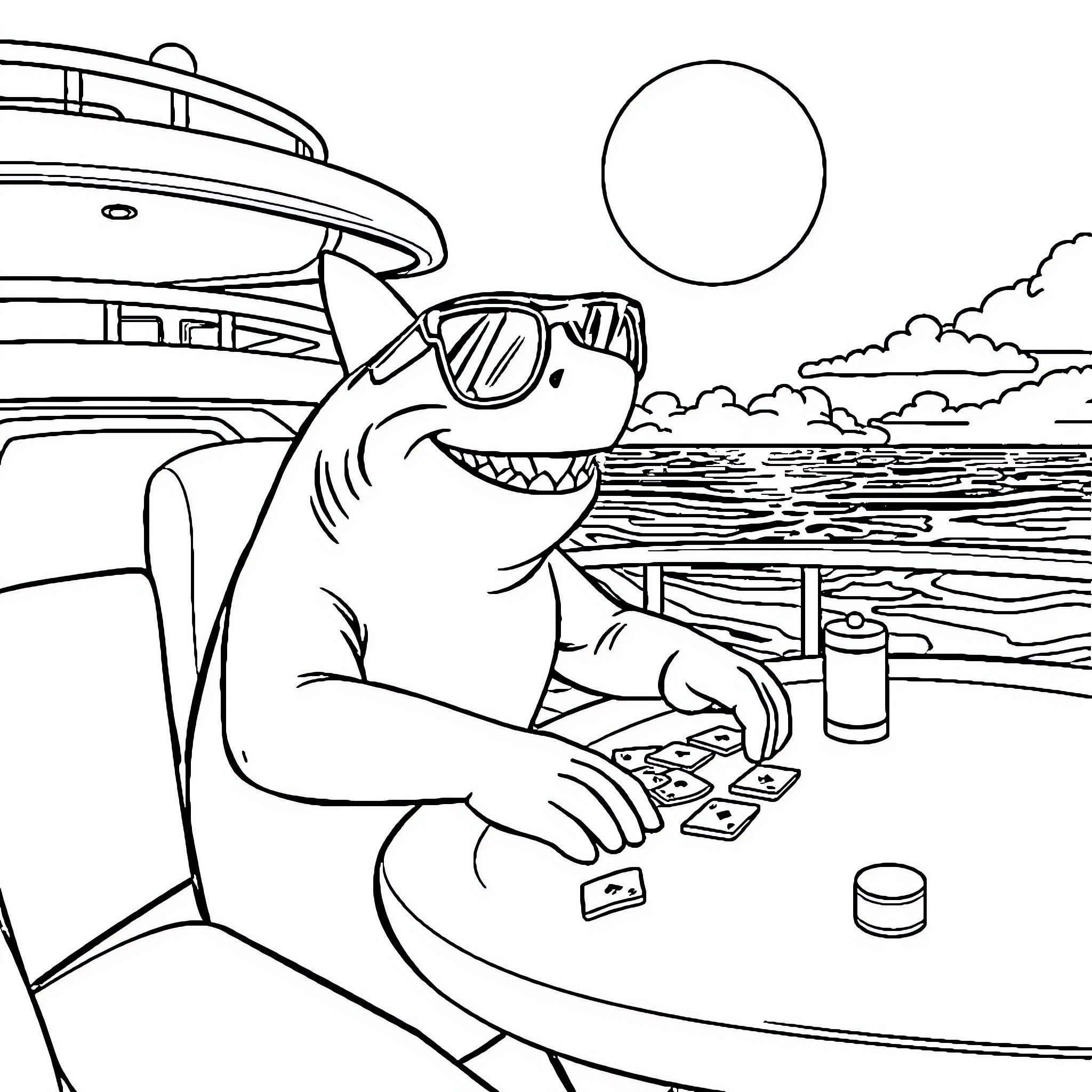 Shark playing video games on a boat Coloring Page (free black-and-white line drawing printable PDF for all, from beginners to advanced learners, including children, teens, adults, and seniors)