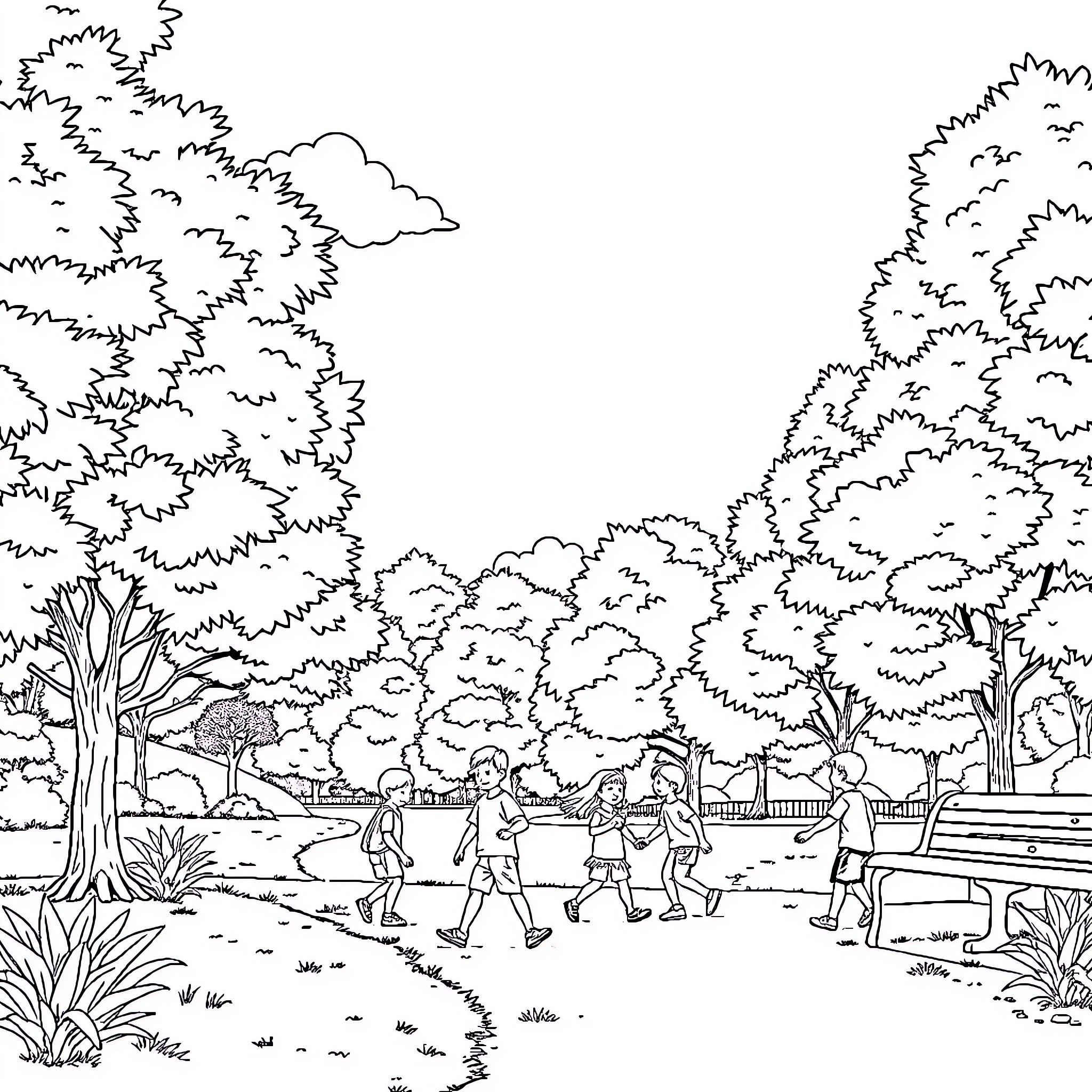 Playground scene with children walking on a path Coloring Page (free black-and-white line drawing printable PDF for all, from beginners to advanced learners, including children, teens, adults, and seniors)