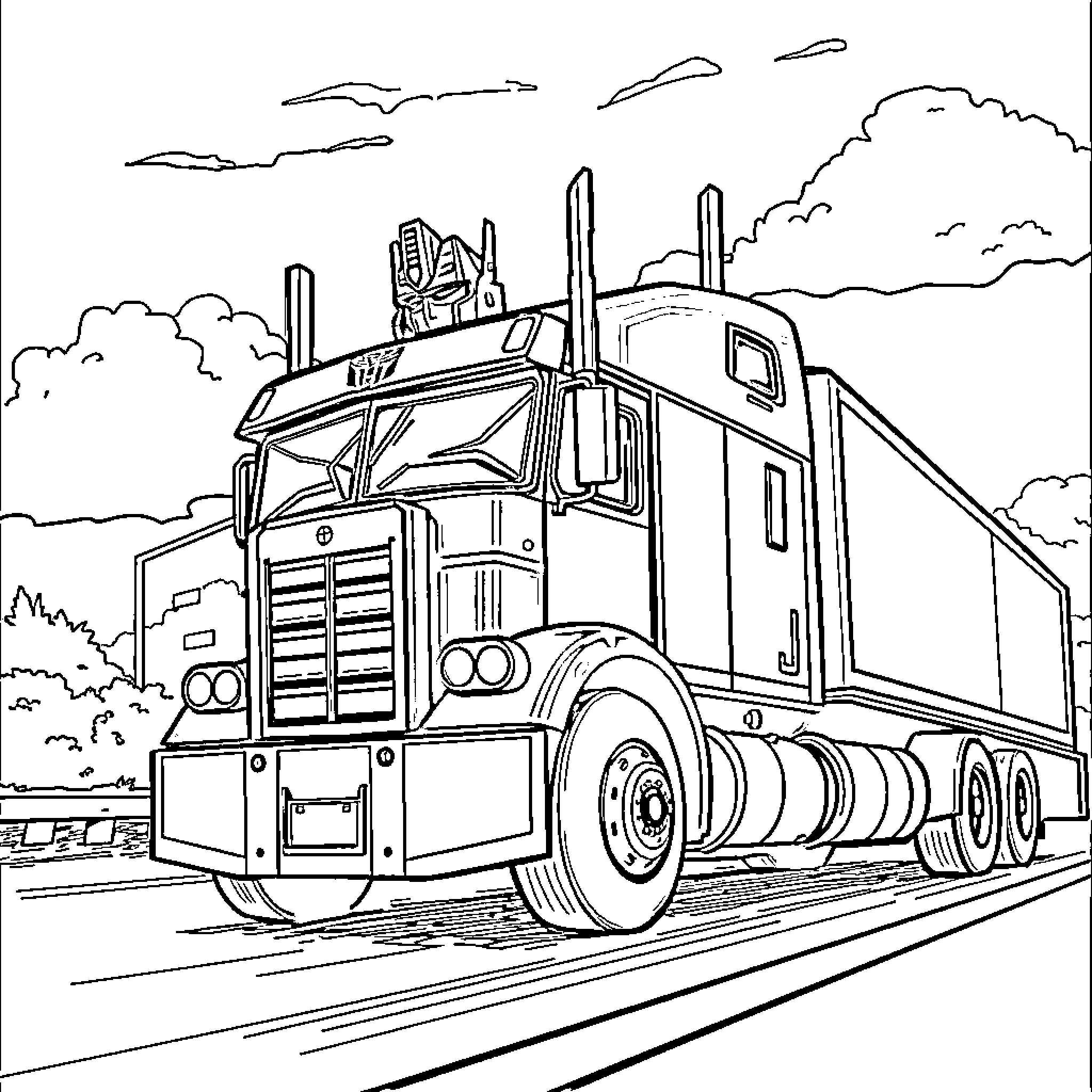 Optimus Prime towing a massive semi-truck on the highway Coloring Page (free black-and-white line drawing printable PDF for all, from beginners to advanced learners, including children, teens, adults, and seniors)