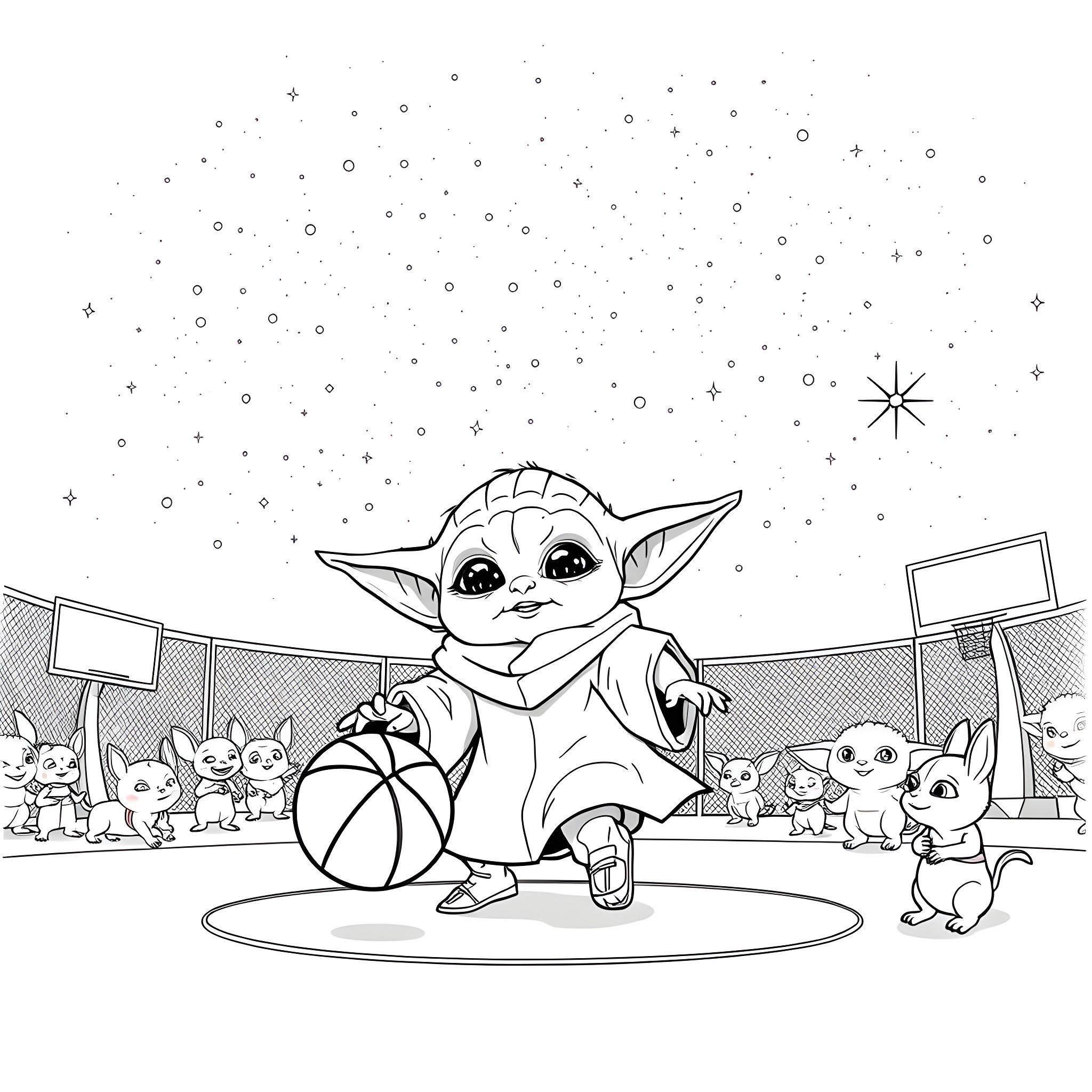 Baby Yoda playing with friends in the starry night Coloring Page (free black-and-white line drawing printable PDF for all, from beginners to advanced learners, including children, teens, adults, and seniors)