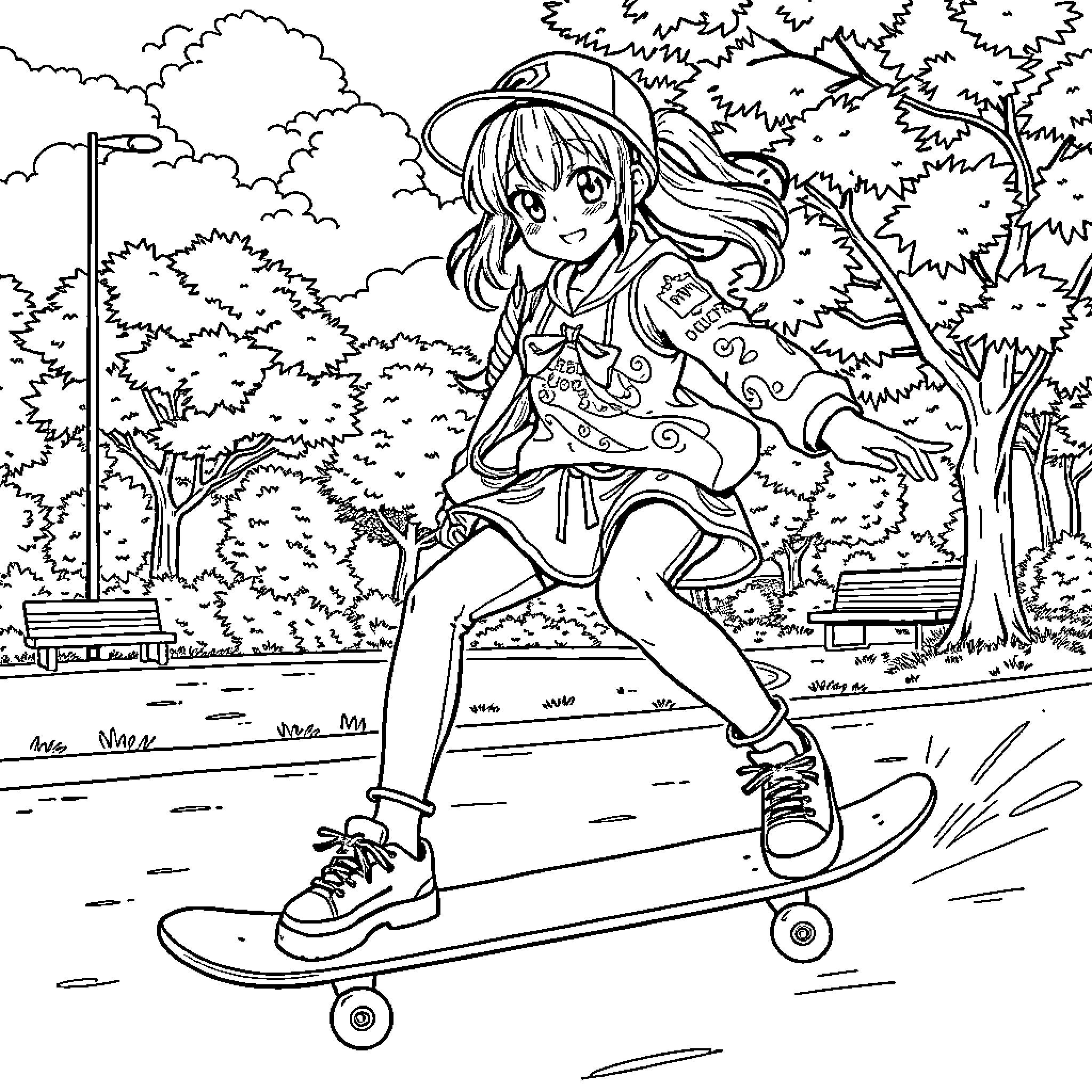 Anime Girl Skateboarding Happily in the Park Coloring Page (free black-and-white line drawing printable PDF for all, from beginners to advanced learners, including children, teens, adults, and seniors)