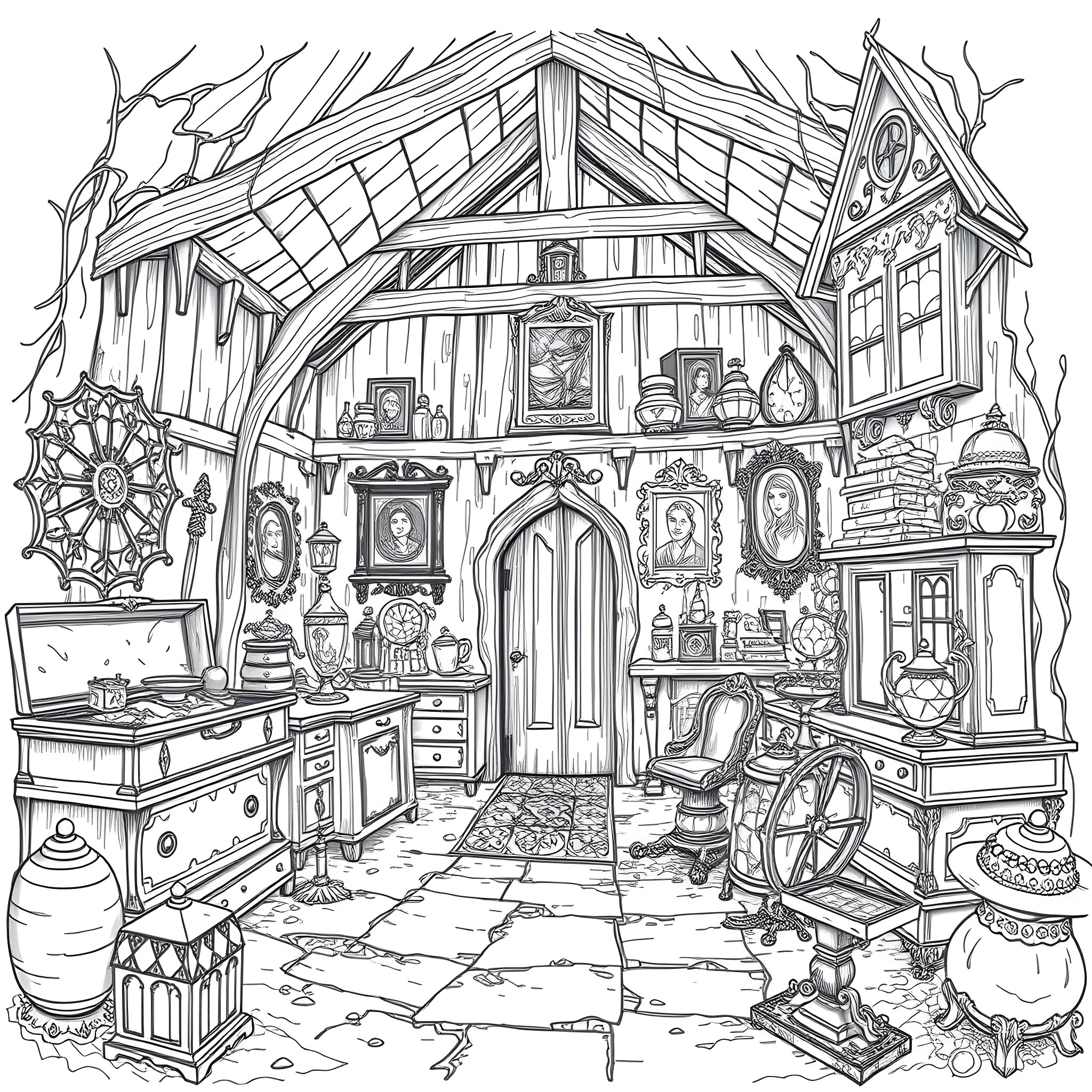 House of curiosities and antique treasures Coloring Page (free black-and-white line drawing printable PDF for all, from beginners to advanced learners, including children, teens, adults, and seniors)