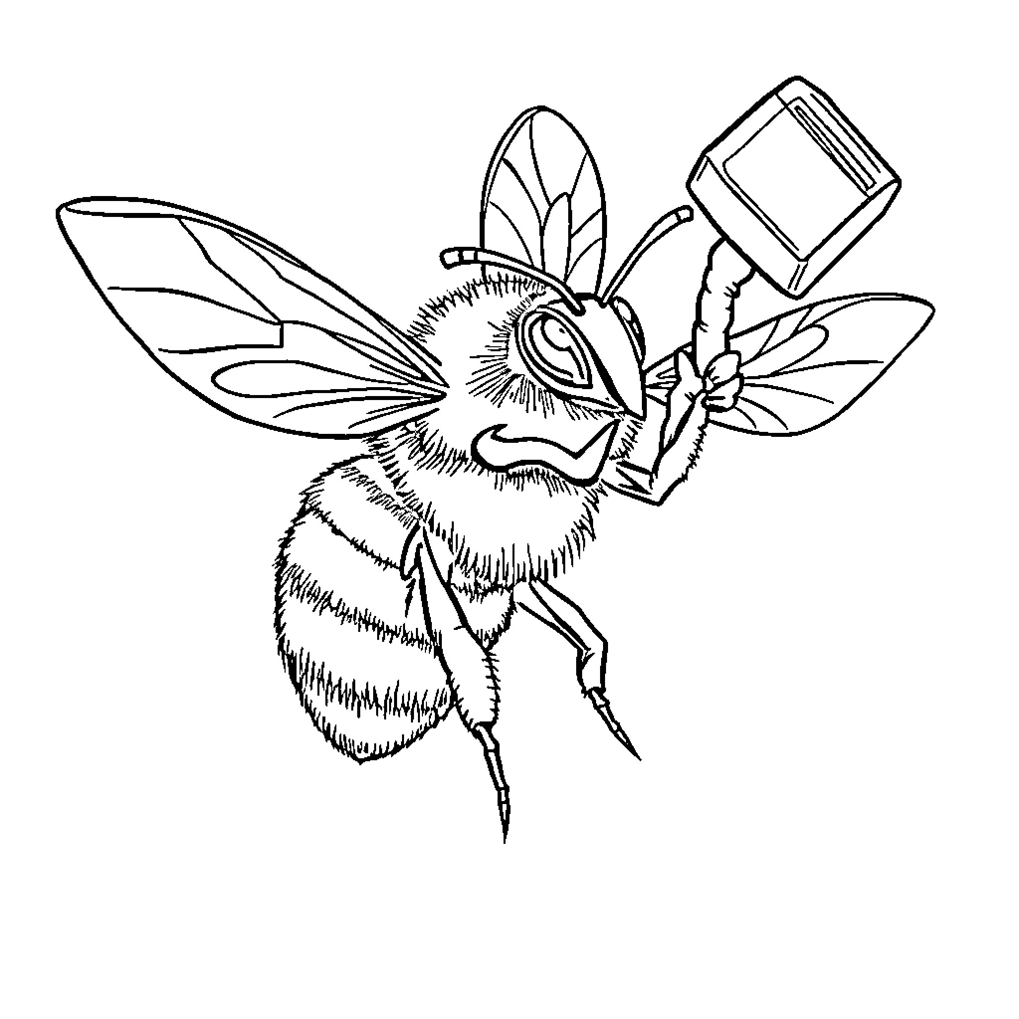 Bumblebee carrying a tool in a whimsical scene Coloring Page (free black-and-white line drawing printable PDF for all, from beginners to advanced learners, including children, teens, adults, and seniors)