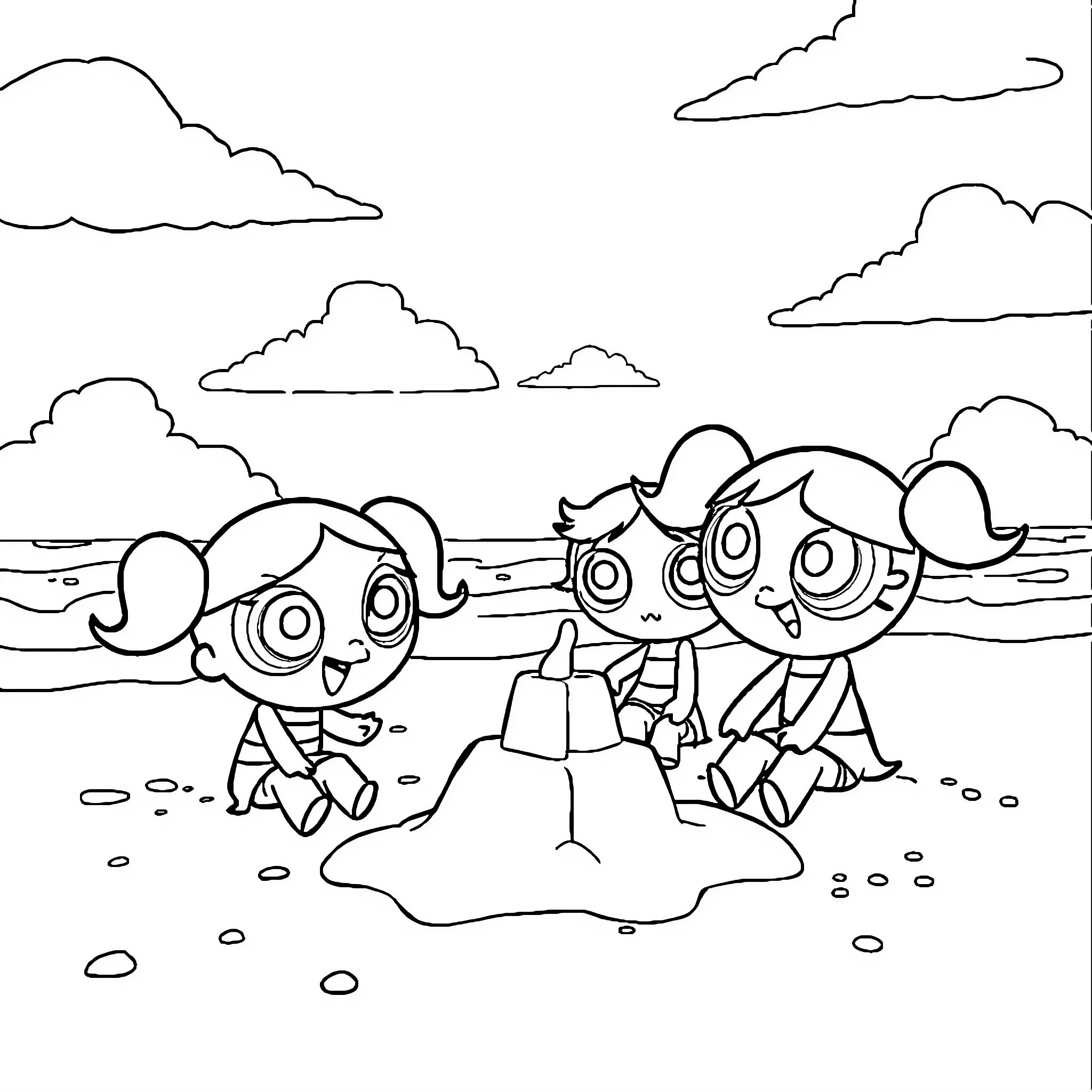 Powerpuff Girls playing at the beach Coloring Page (free black-and-white line drawing printable PDF for all, from beginners to advanced learners, including children, teens, adults, and seniors)