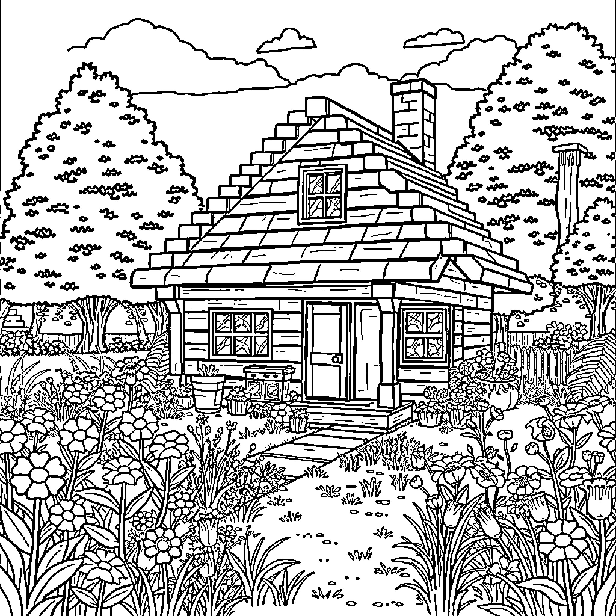 House in a lush garden setting Coloring Page (free black-and-white line drawing printable PDF for all, from beginners to advanced learners, including children, teens, adults, and seniors)