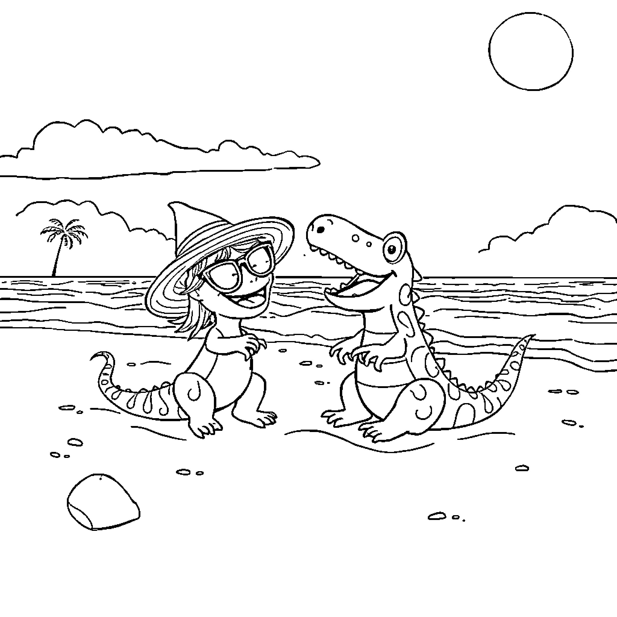 Cocodrilo enjoying a day at the beach Coloring Page (free black-and-white line drawing printable PDF for all, from beginners to advanced learners, including children, teens, adults, and seniors)