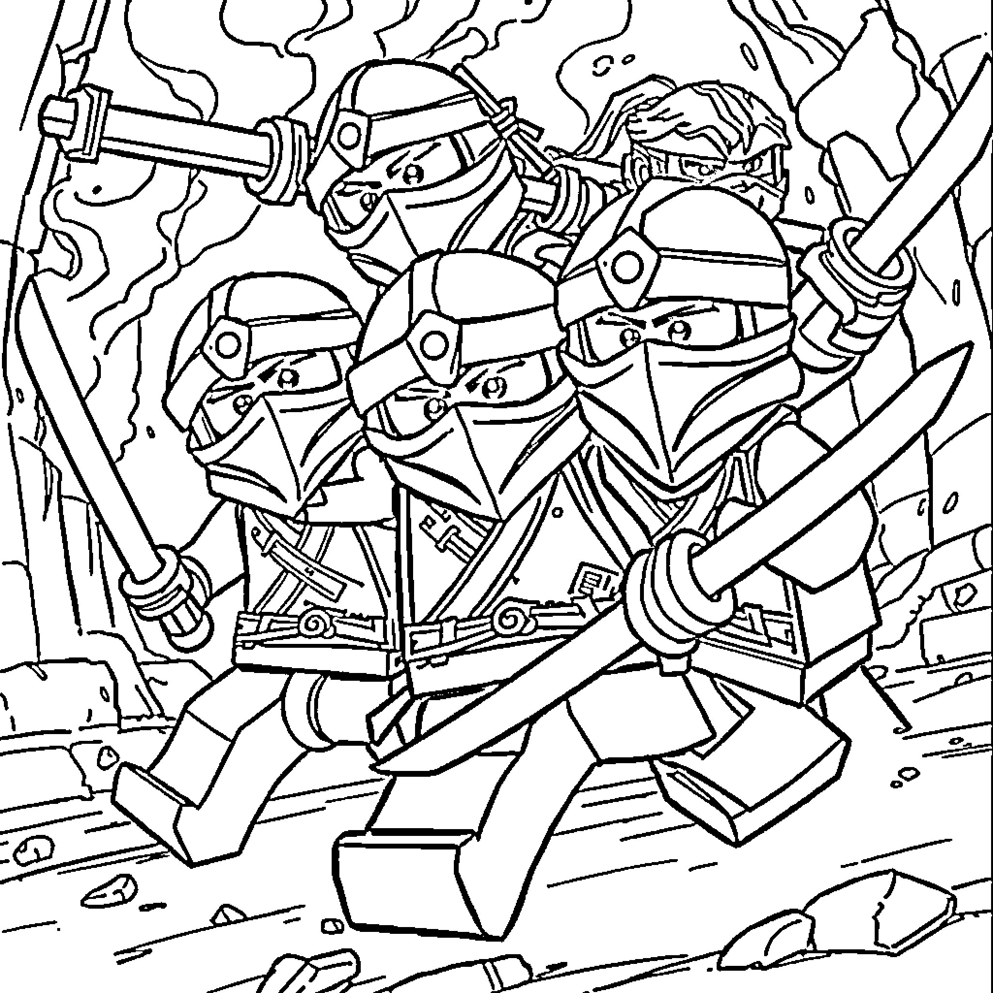 Ninja Warriors in Battle Formation Coloring Page (free black-and-white line drawing printable PDF for all, from beginners to advanced learners, including children, teens, adults, and seniors)