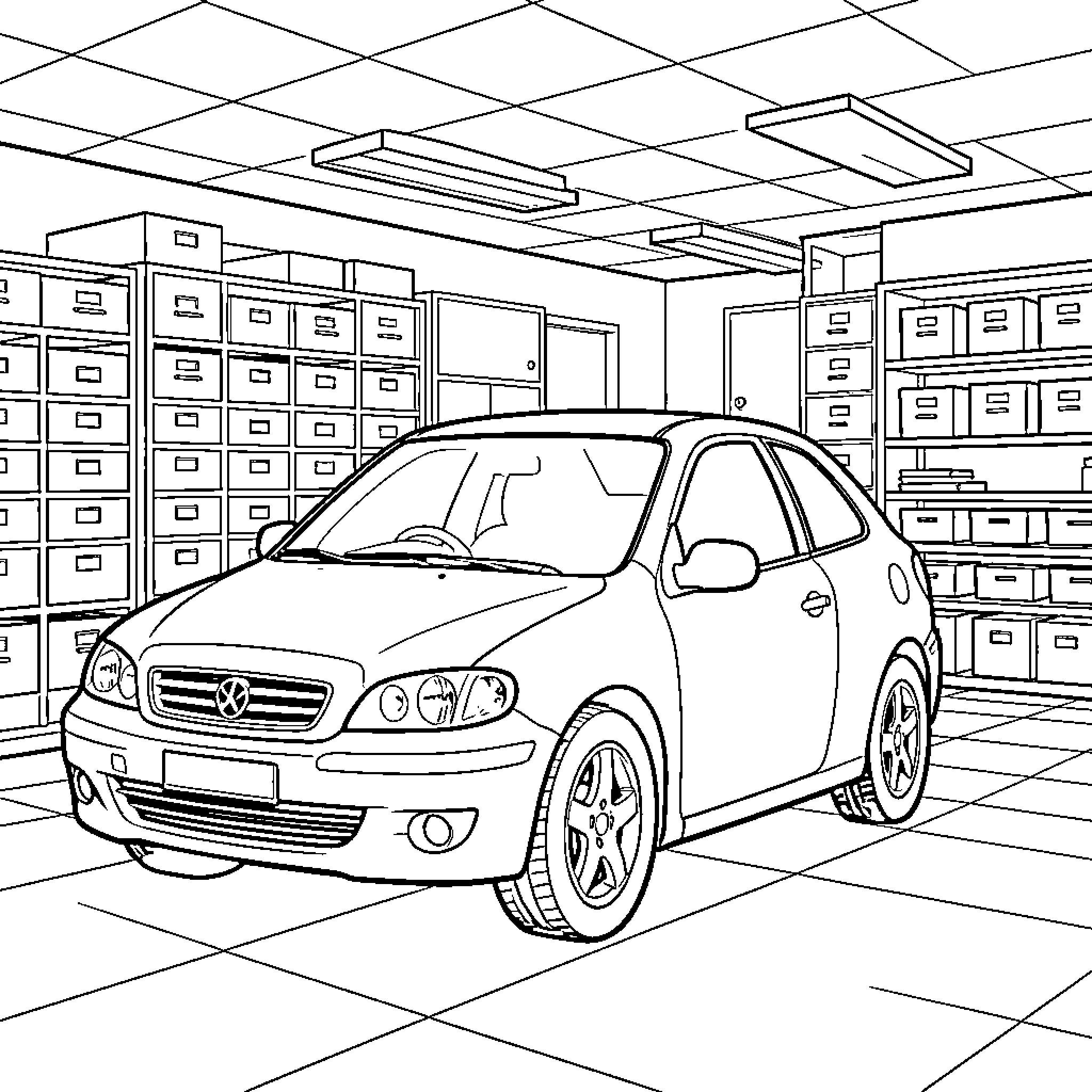 Car parked inside a well organized garage Coloring Page (free black-and-white line drawing printable PDF for all, from beginners to advanced learners, including children, teens, adults, and seniors)