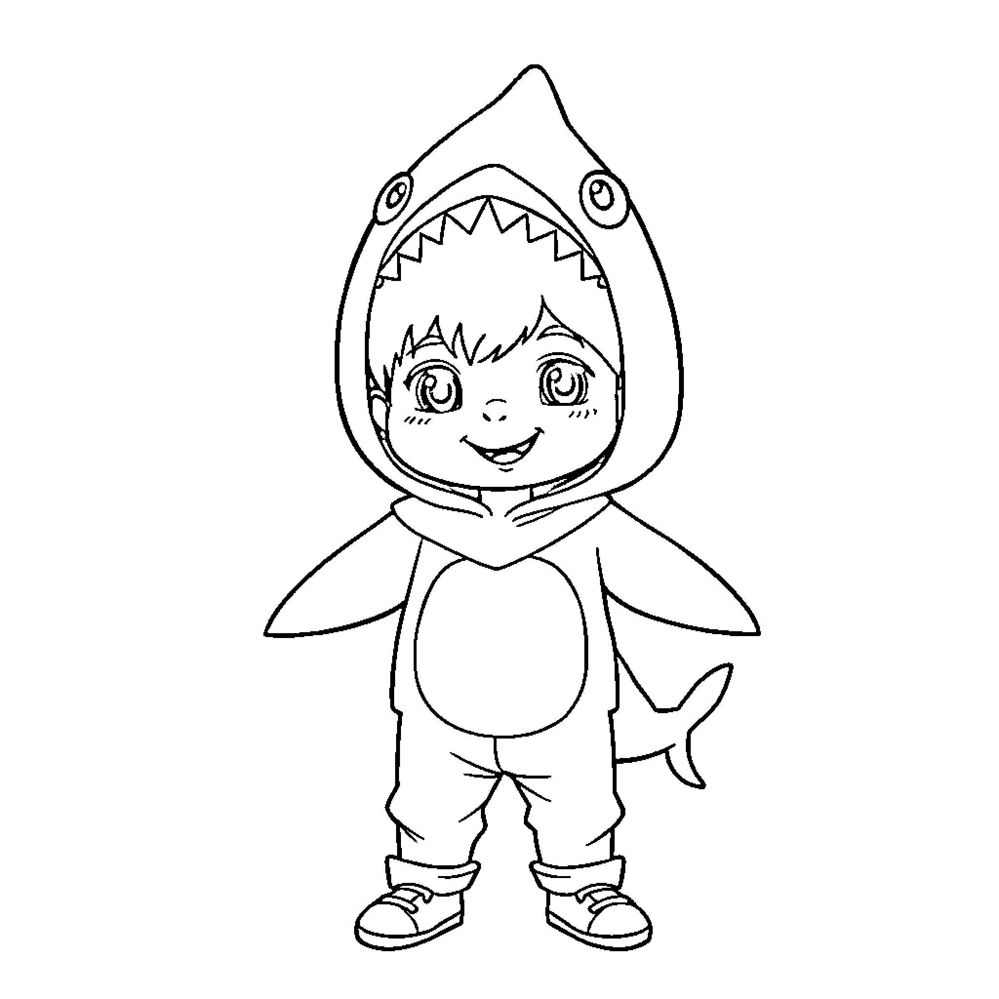 Shark costume character smiling playfully Coloring Page (free black-and-white line drawing printable PDF for all, from beginners to advanced learners, including children, teens, adults, and seniors)