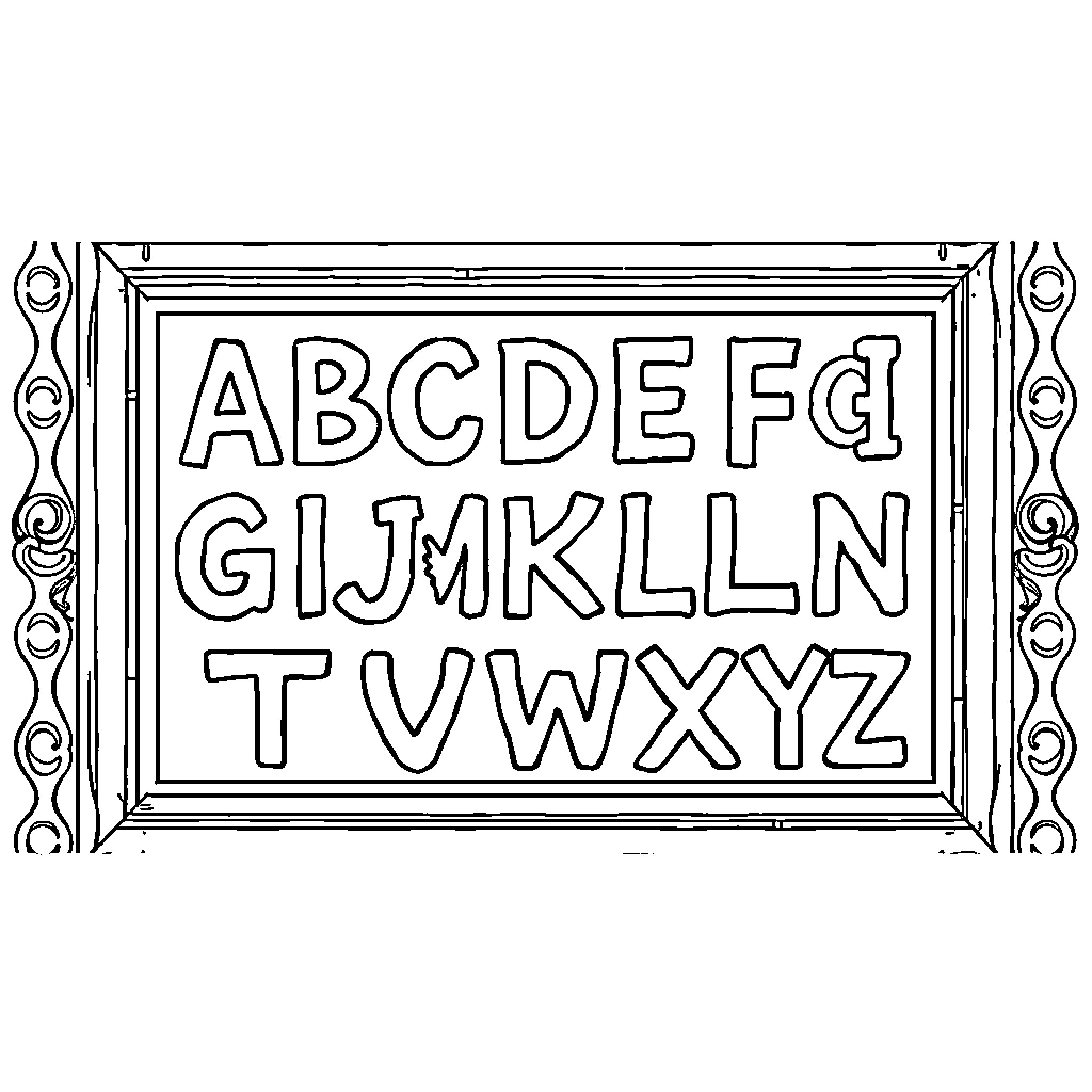 Alphabet letters in a decorative frame Coloring Page (free black-and-white line drawing printable PDF for all, from beginners to advanced learners, including children, teens, adults, and seniors)