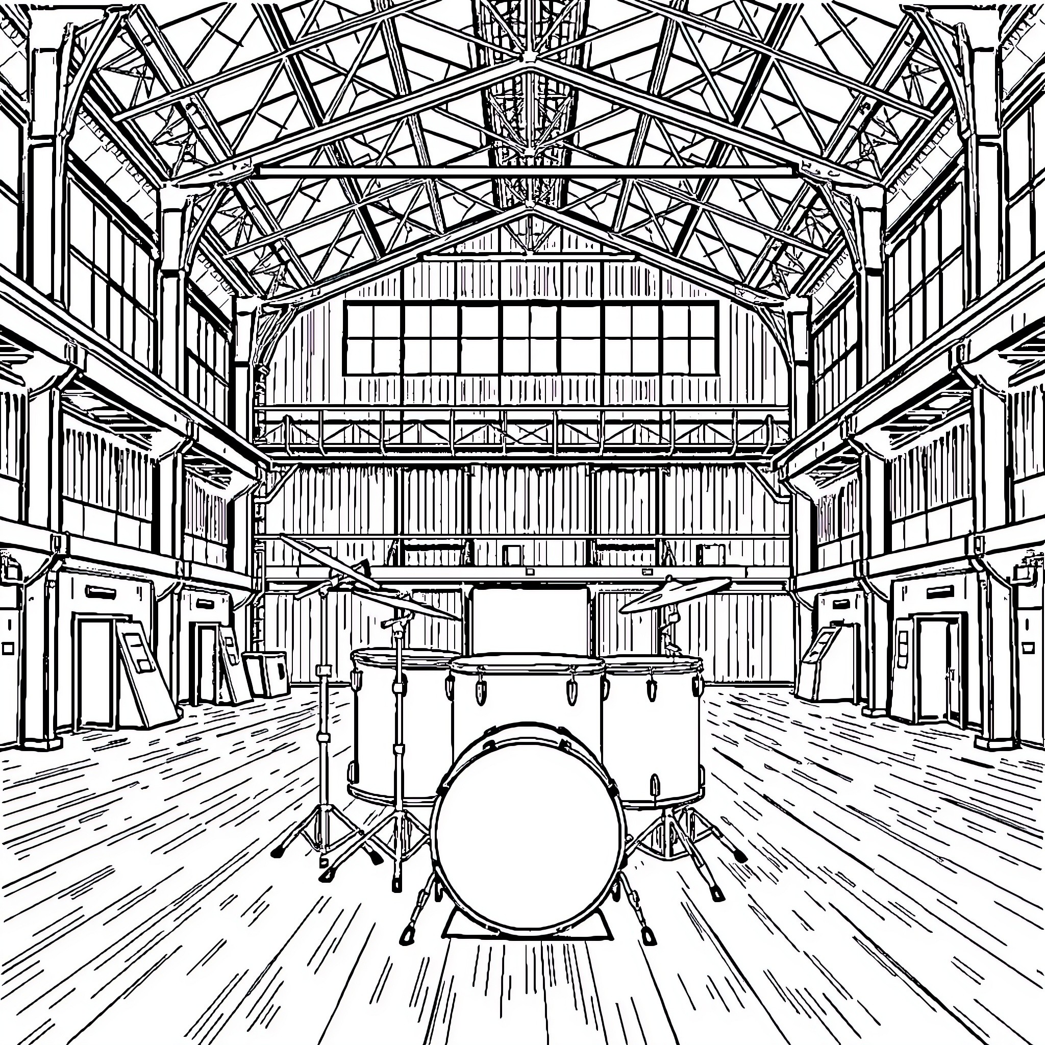Drum performance in a grand industrial hall Coloring Page (free black-and-white line drawing printable PDF for all, from beginners to advanced learners, including children, teens, adults, and seniors)