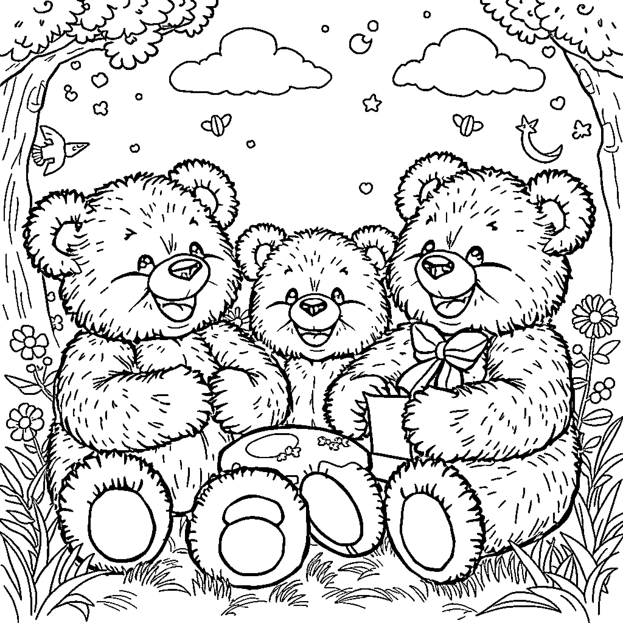 Teddy Bears Enjoying Nature's Beauty Coloring Page (free black-and-white line drawing printable PDF for all, from beginners to advanced learners, including children, teens, adults, and seniors)