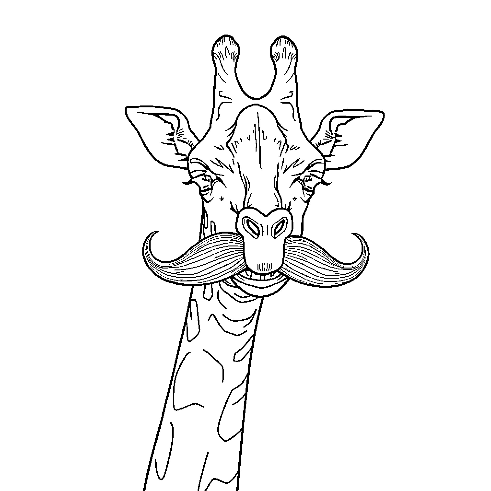Giraffe with a Whimsical Mustache Coloring Page (free black-and-white line drawing printable PDF for all, from beginners to advanced learners, including children, teens, adults, and seniors)