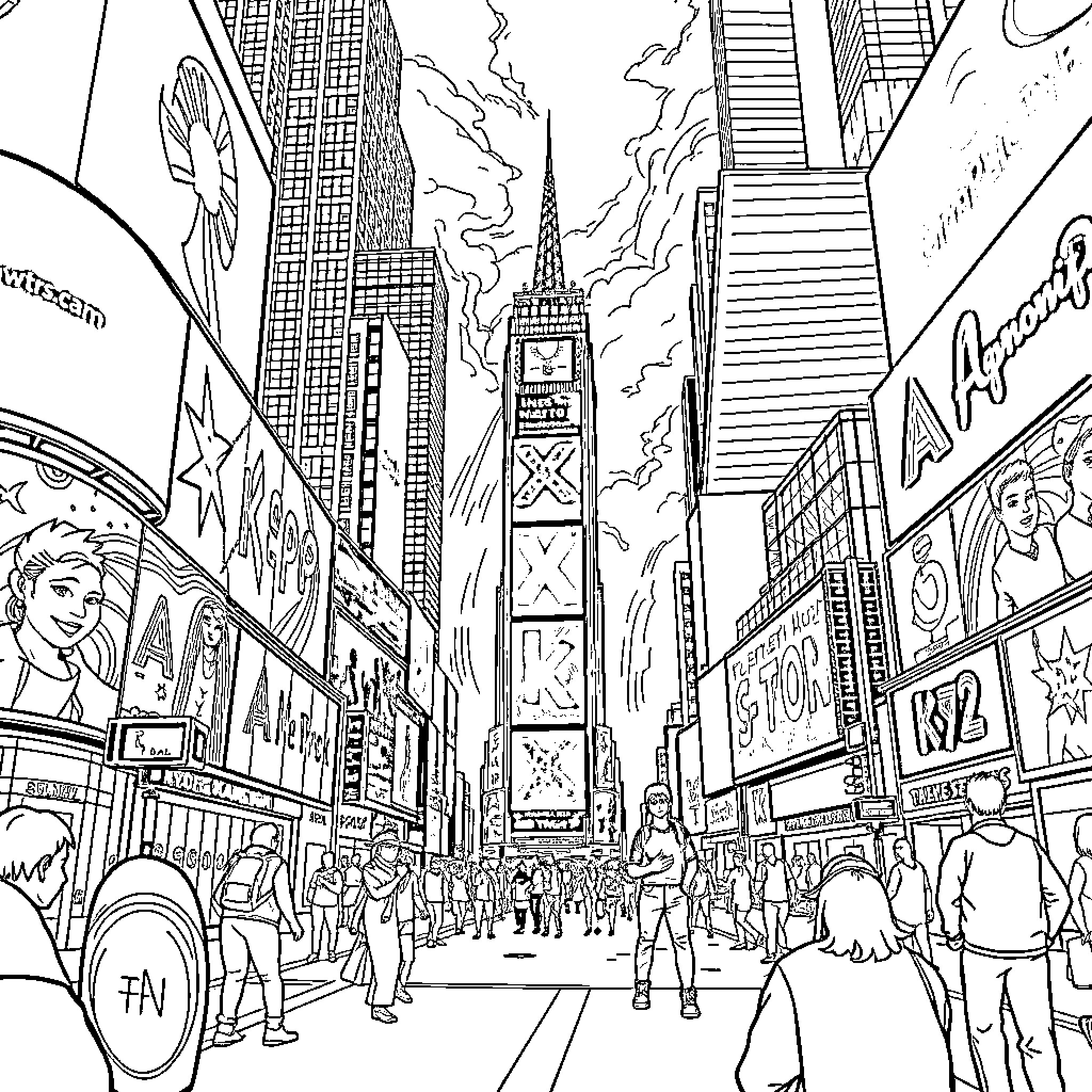 K Pop Vibrant City Scene with Crowds and Skyscrapers Coloring Page (free black-and-white line drawing printable PDF for all, from beginners to advanced learners, including children, teens, adults, and seniors)